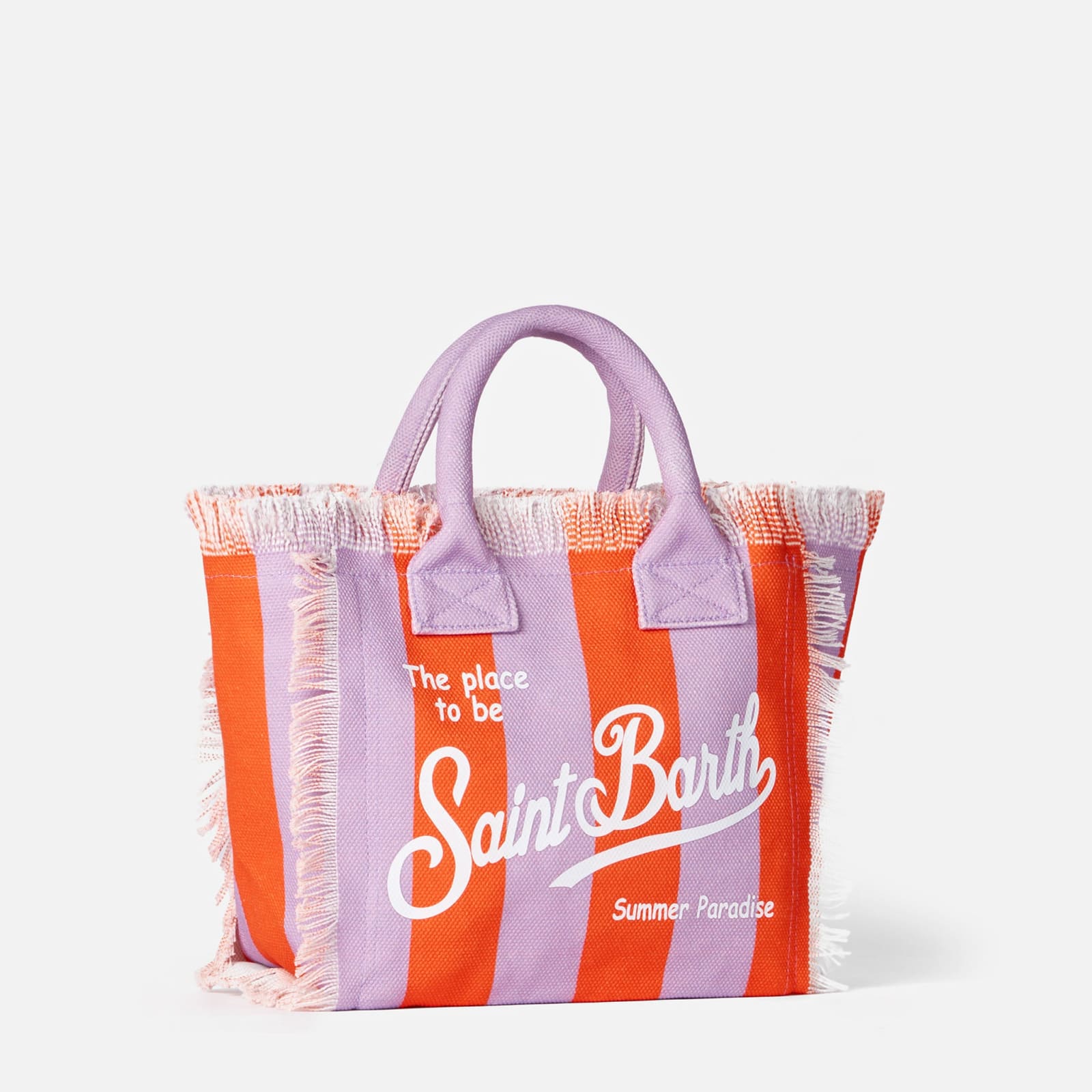Shop Mc2 Saint Barth Colette Cotton Canvas Handbag With Lilac And Red Stripes In Orange