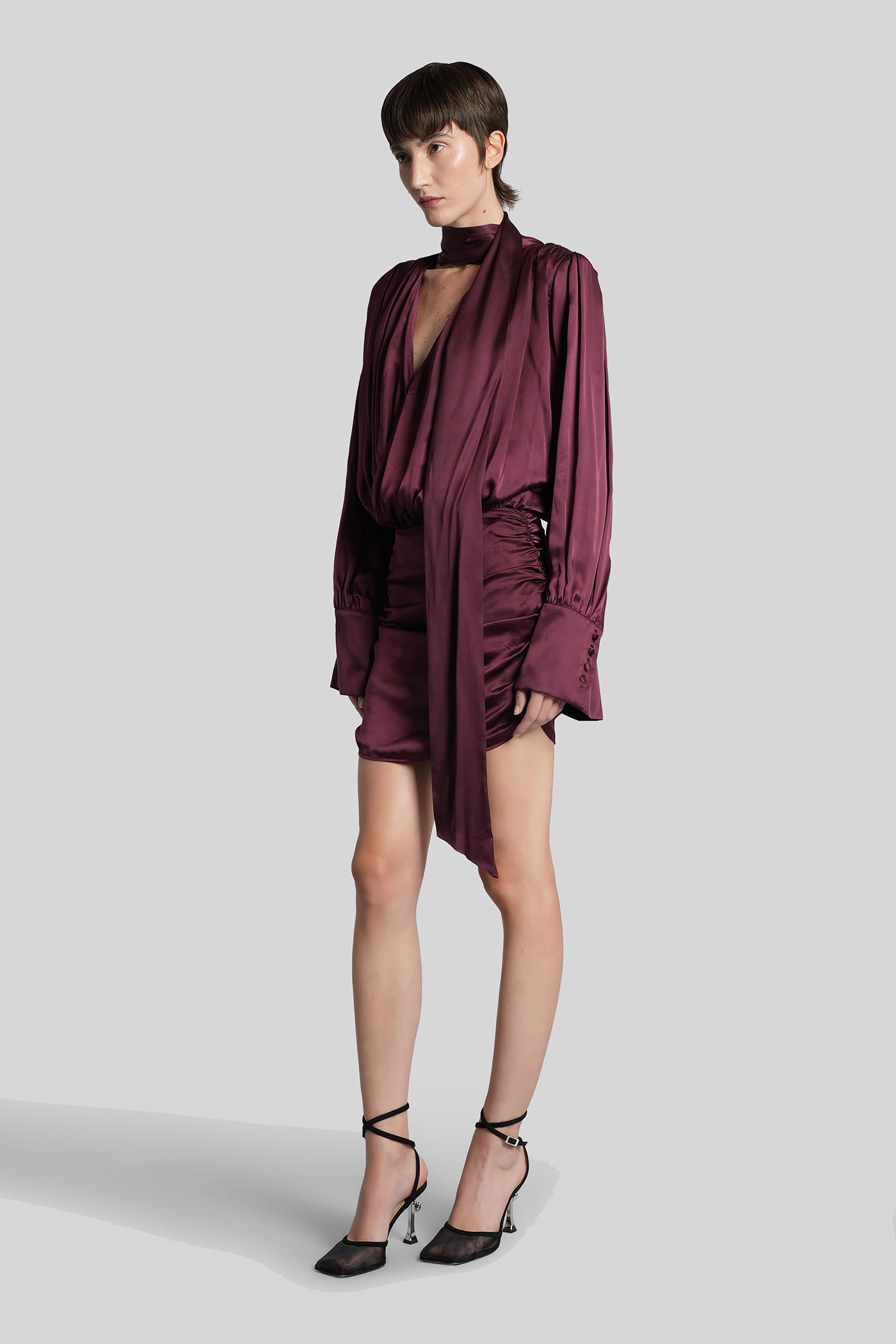 Rotate Birger Christensen Bordeaux Draped Silk Mini Dress In Burgundy