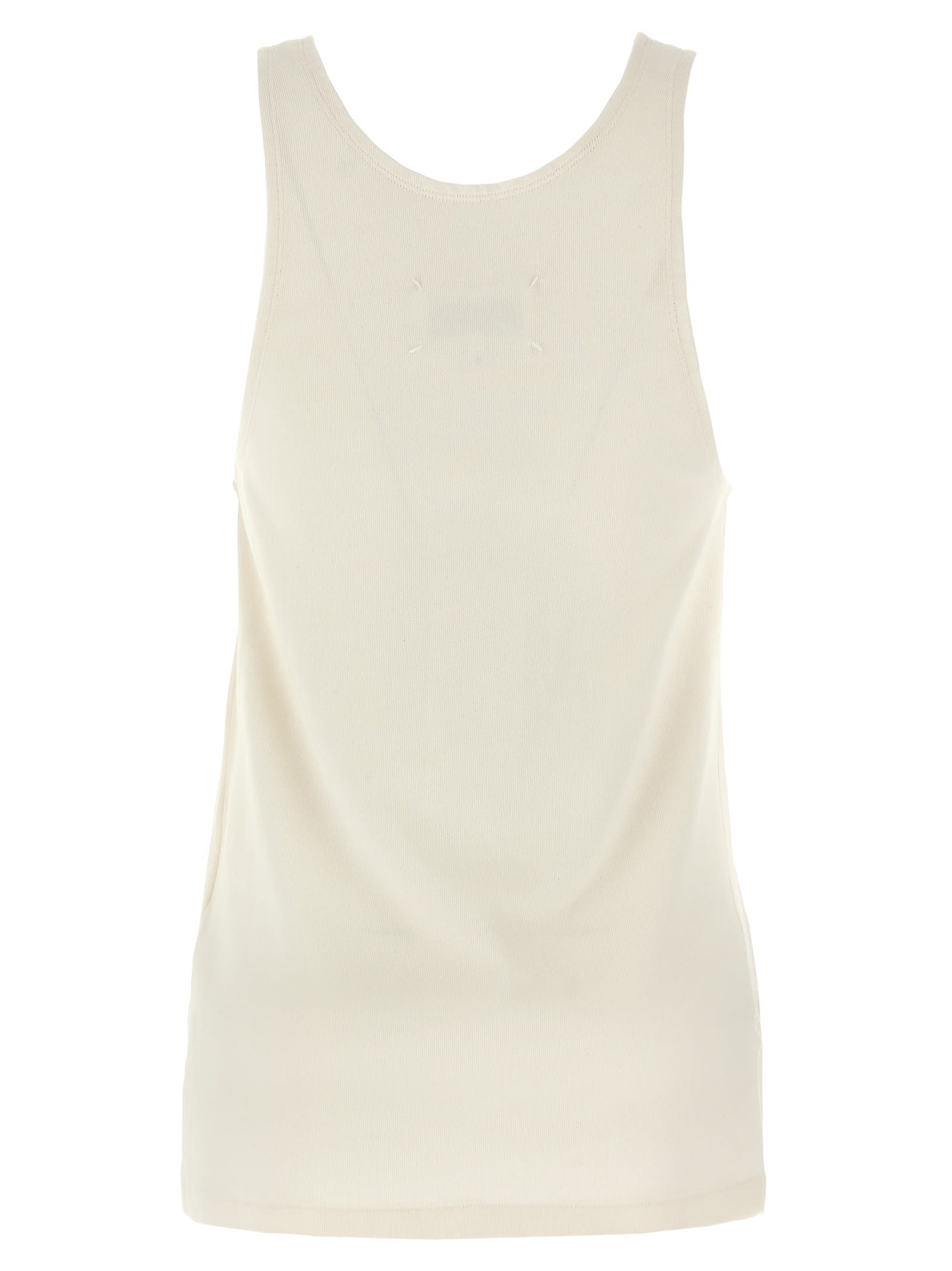 Maison Margiela Beige Top With Wide Neckline And Logo Printed On The Front In Viscose And Cotton Blend Woman In Beige