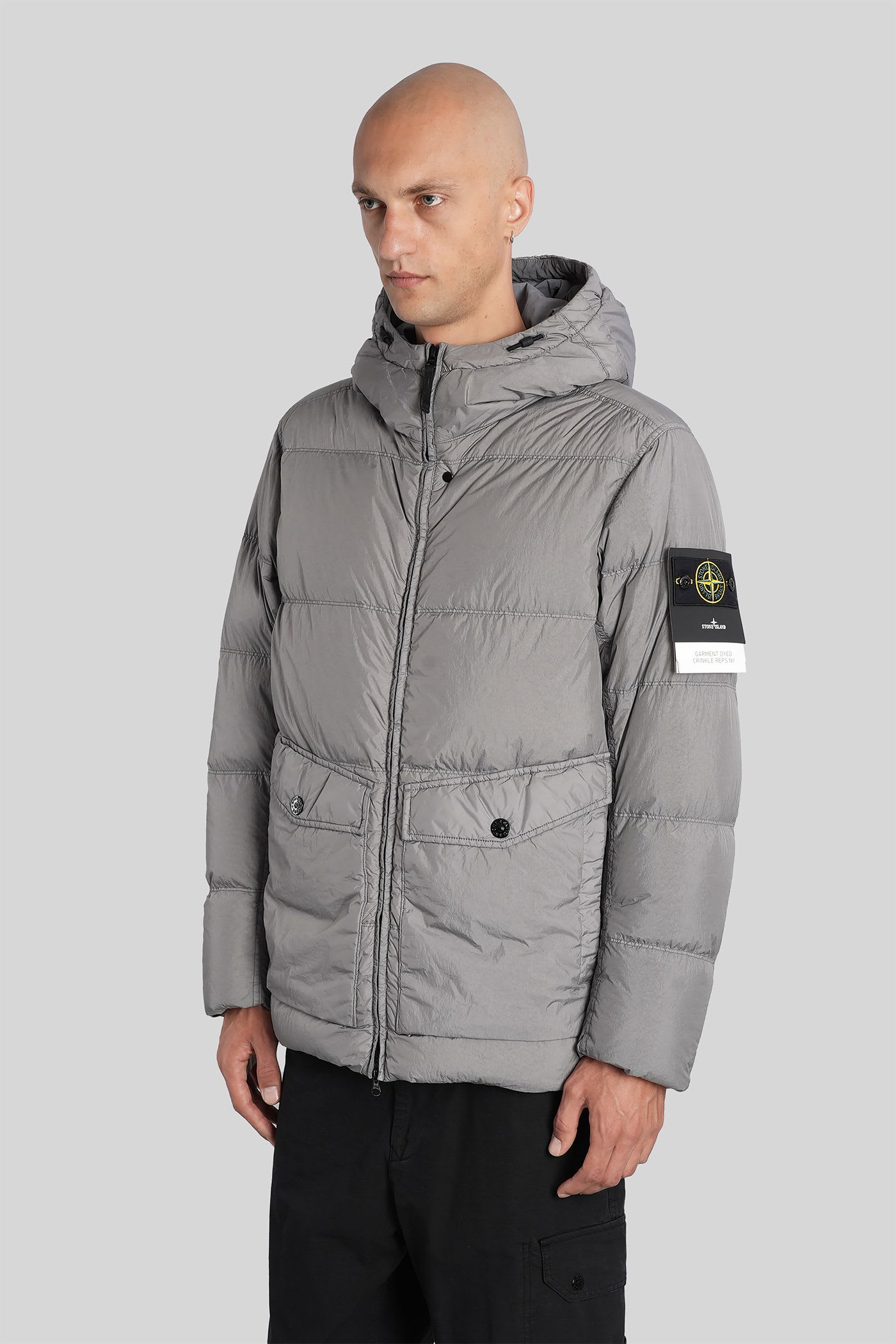Stone Island Quilted Hooded Down Jacket With Front Pockets In Gray