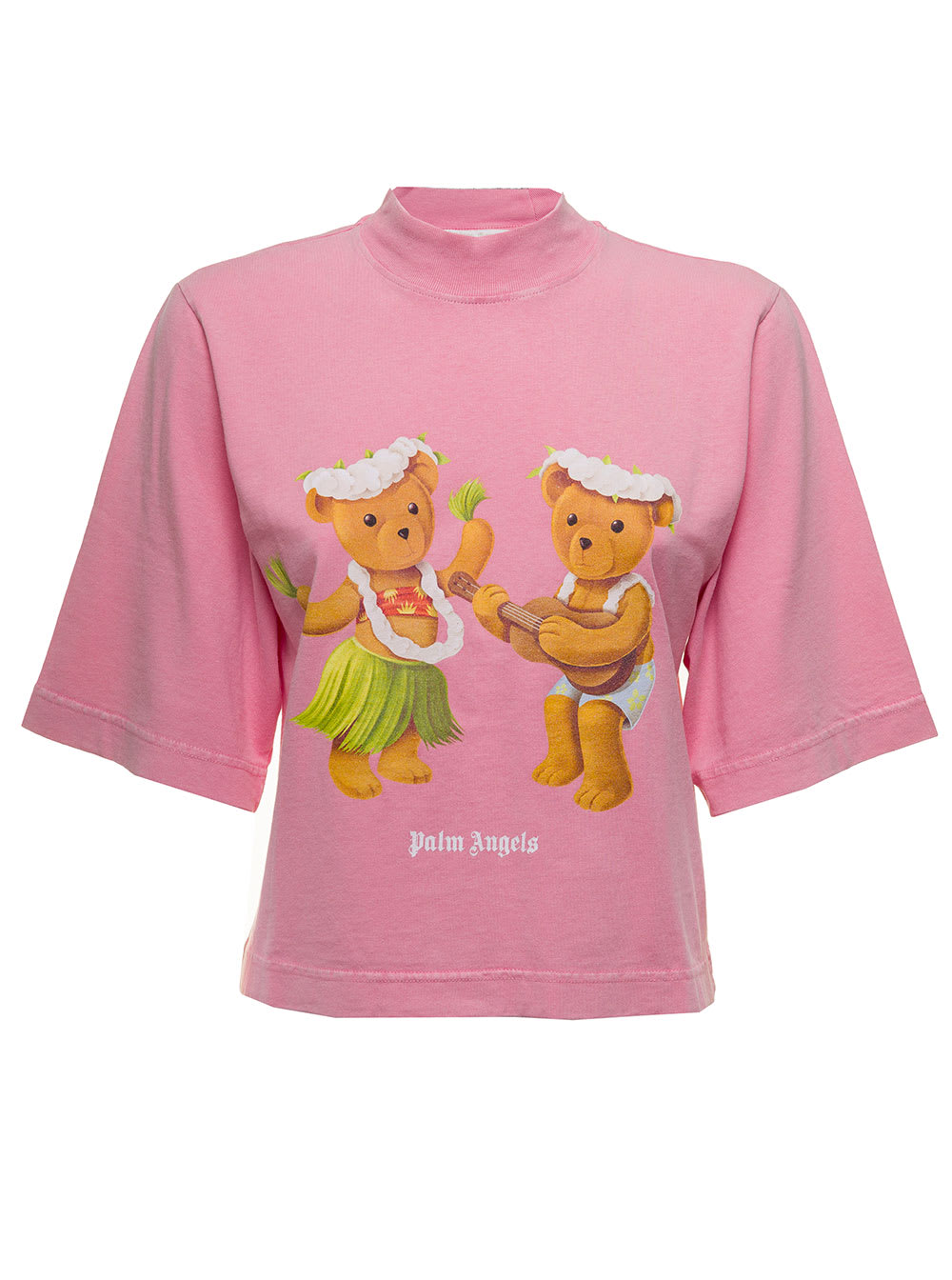 Palm Angels Womans Pink Cotton Cropped T-shirt With Bears Print