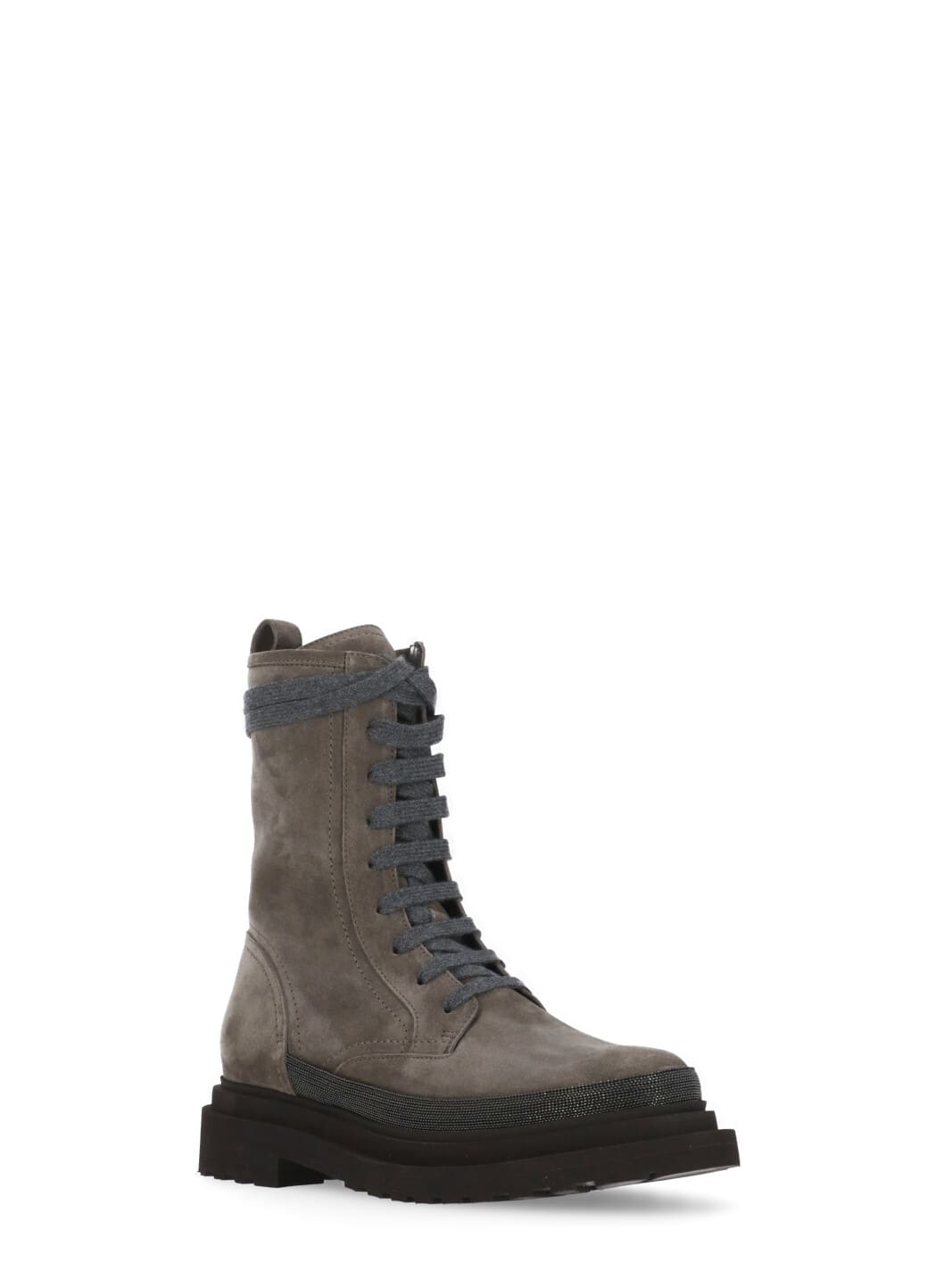 Brunello Cucinelli Bead-embellished Suede Combat Boots In Grey
