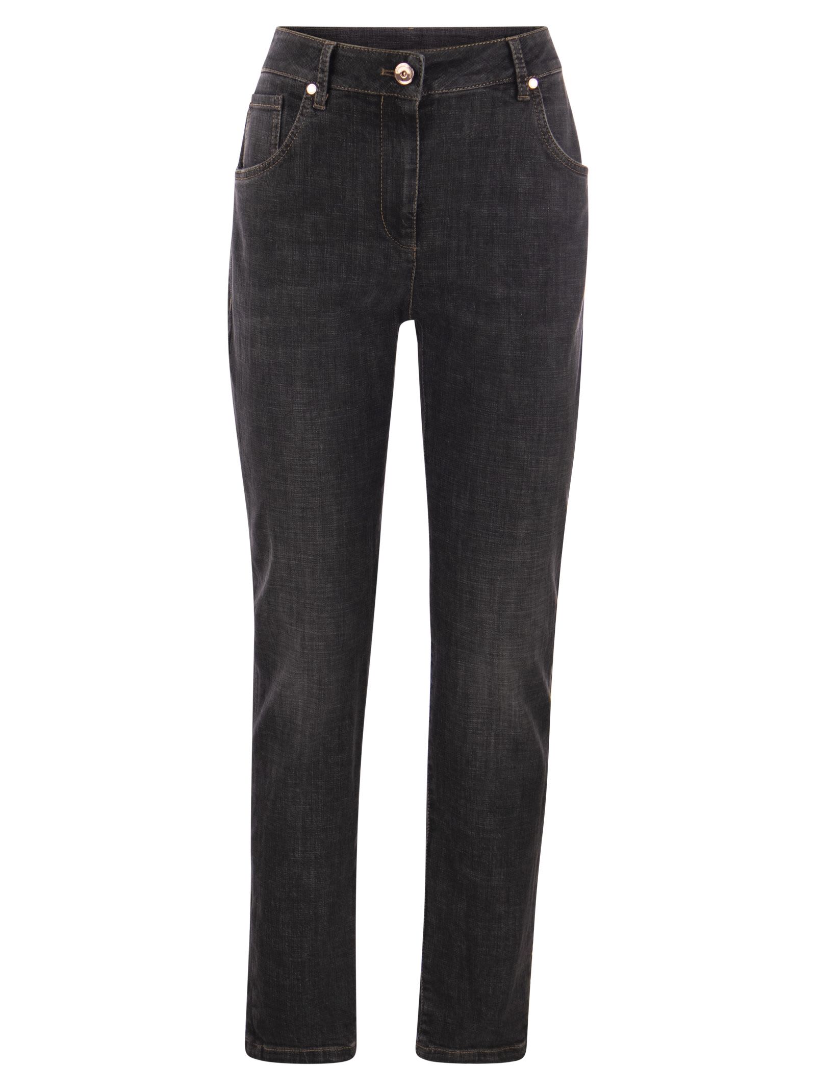 BRUNELLO CUCINELLI SLIM PANTS IN STRETCH DENIM WITH SHINY LEATHER TAB