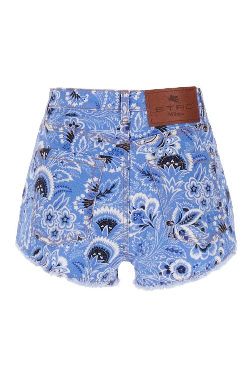 Shop Etro Bandana-print Frayed Denim Shorts In Blue