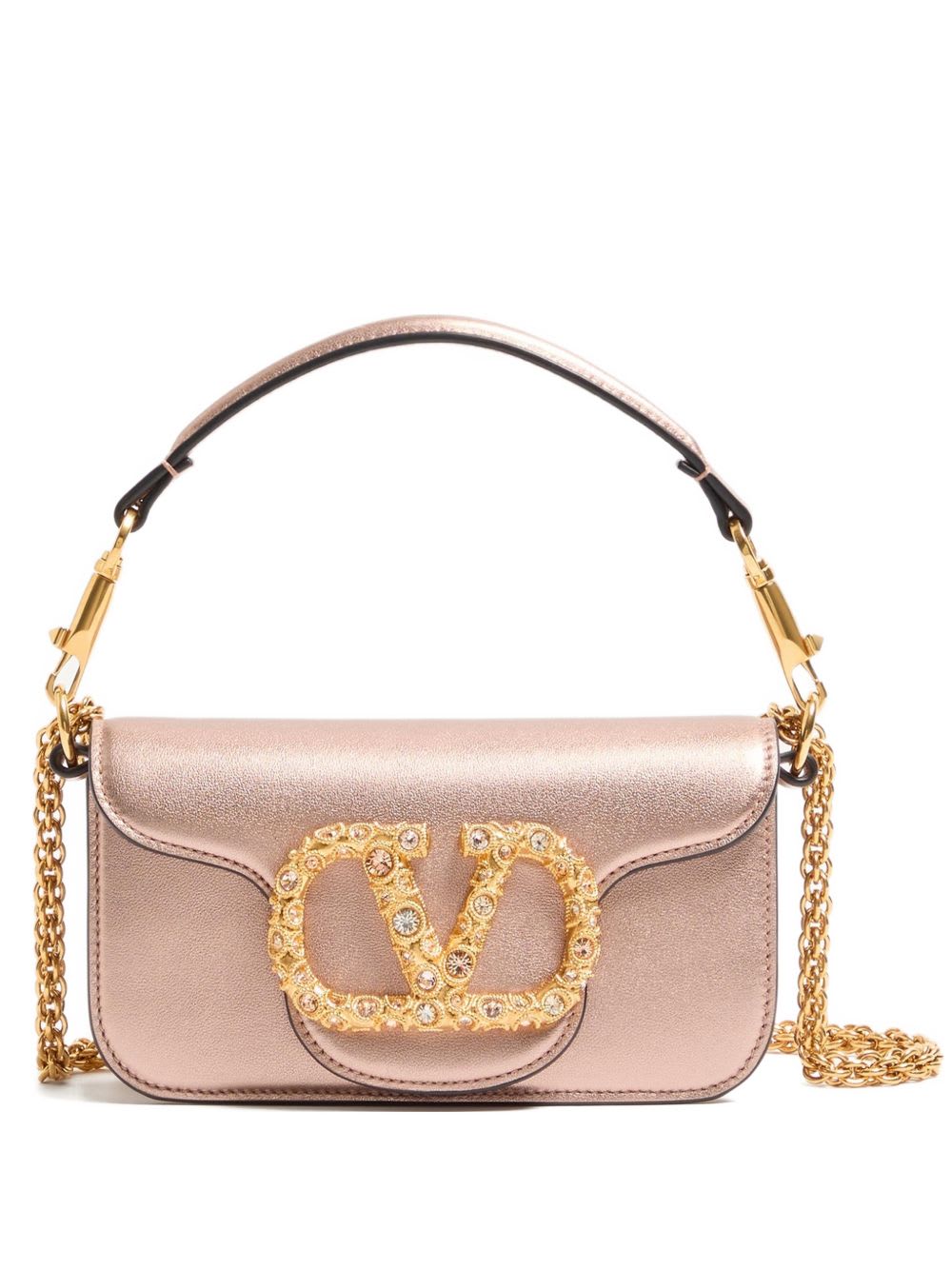 Valentino Garavani  Garavani Locò Small Shoulder Bag In Laminated Calfskin With Jewel Logo  In Pink