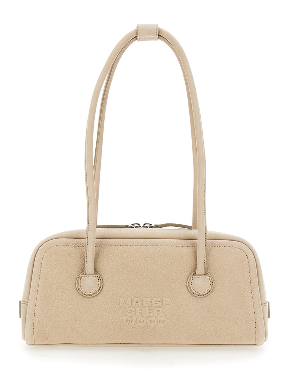 boston Beige Shoulder Bag With Embossed Logo Lettering On The Front In Leather Woman