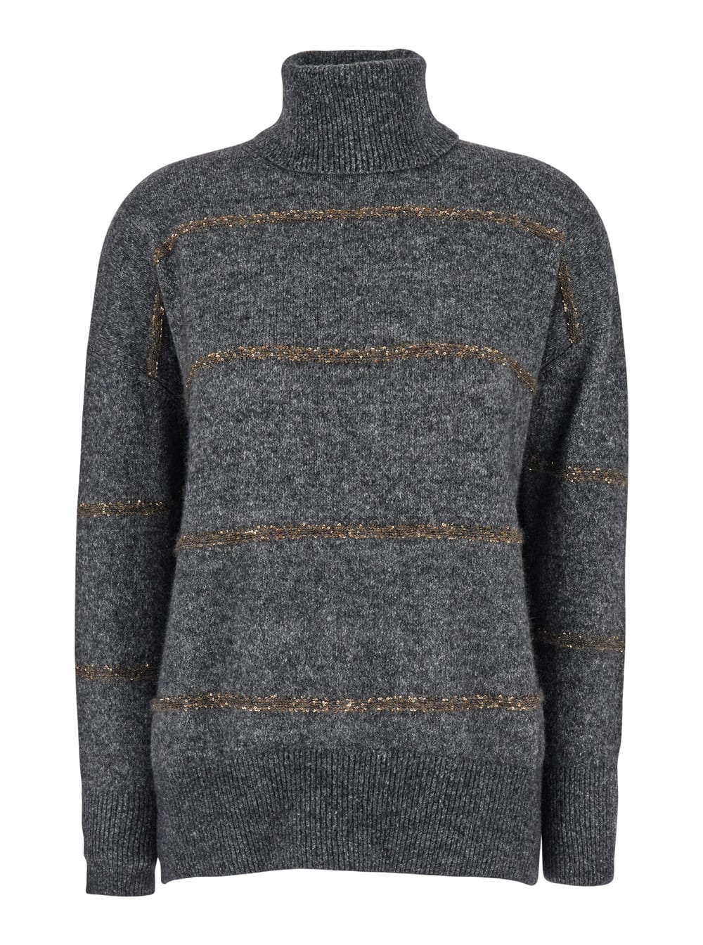 Shop Brunello Cucinelli Grey High Neck Sweater With Stripe Motif In Alpaca Blend Woman