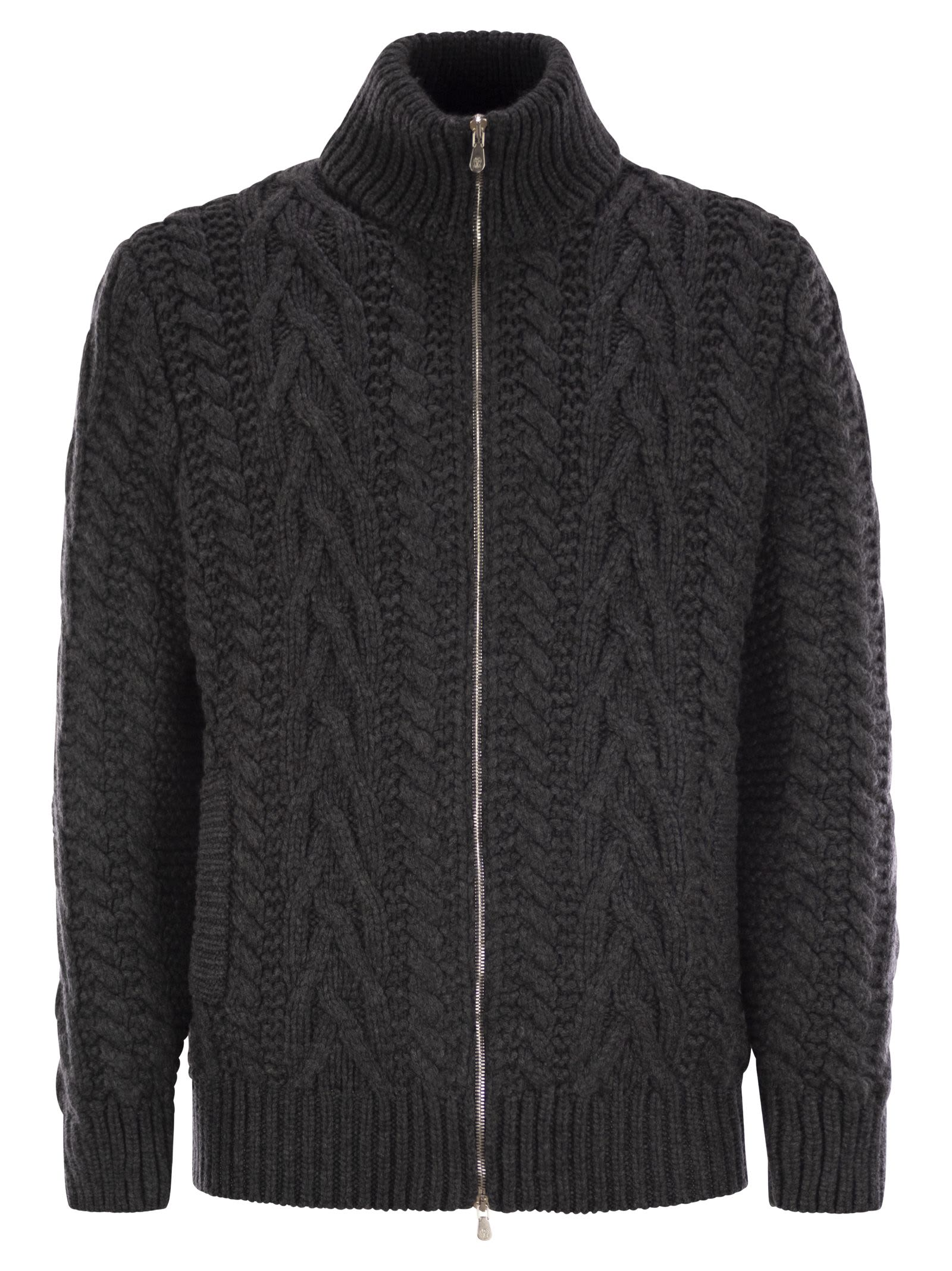 Shop Brunello Cucinelli Soft Virgin Wool And Cashmere Braided Buttoned Cardigan With Zip In Dark Grey