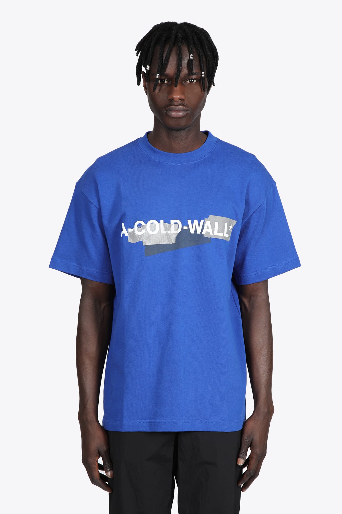 A-COLD-WALL Knitted Strata T-shirt Electric blue cotton t-shirt with frotn logo print
