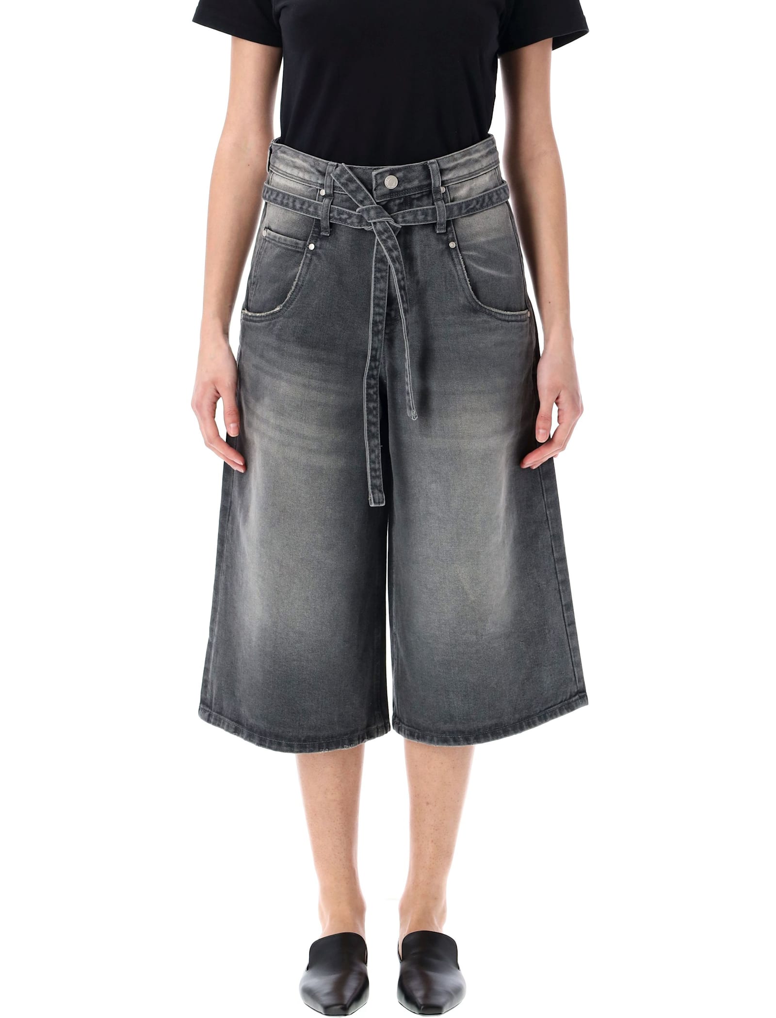 Belted Denim Bermuda Pants