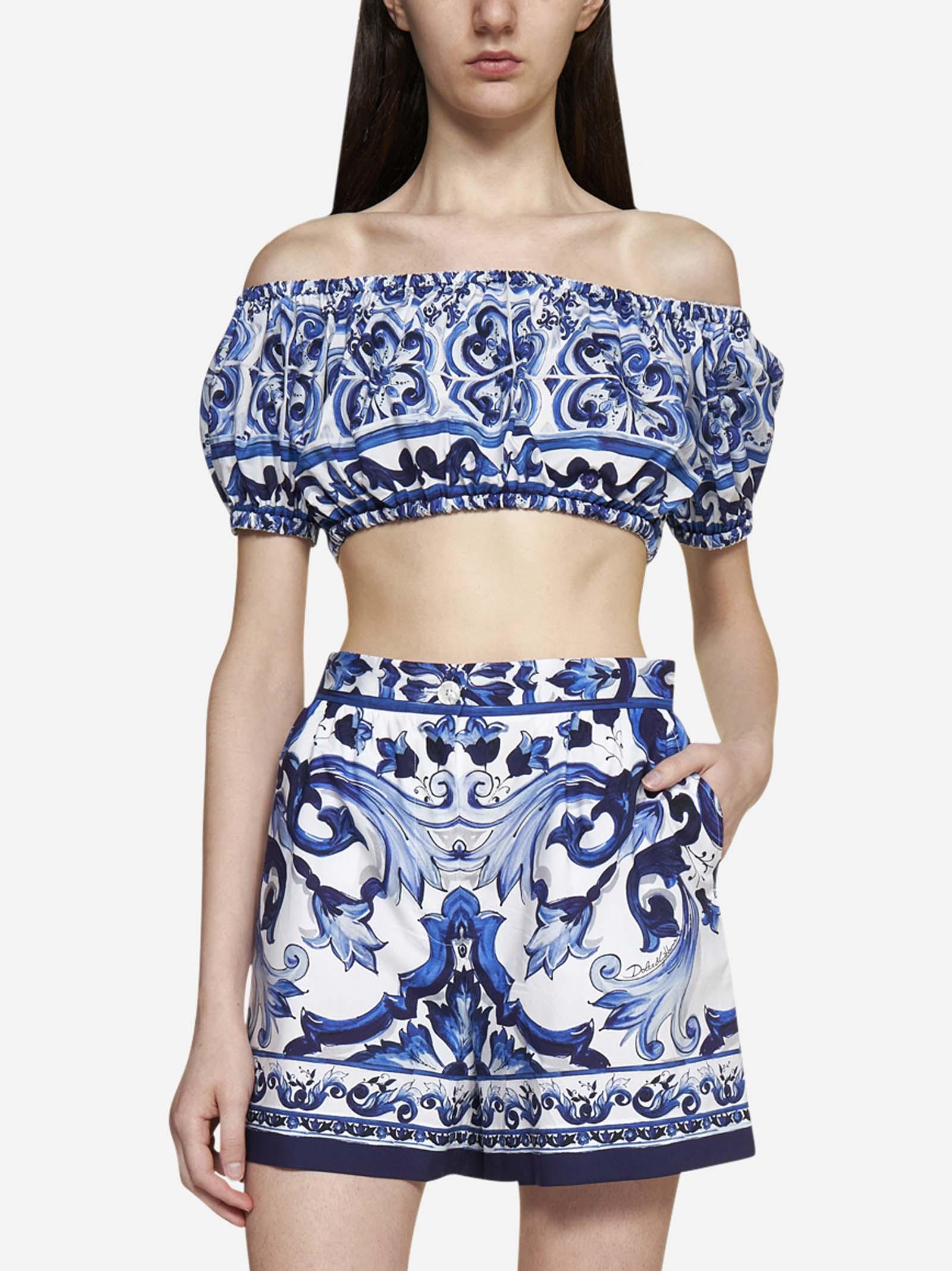 Shop Dolce & Gabbana Majolica Print Cotton Cropped Top In Blue