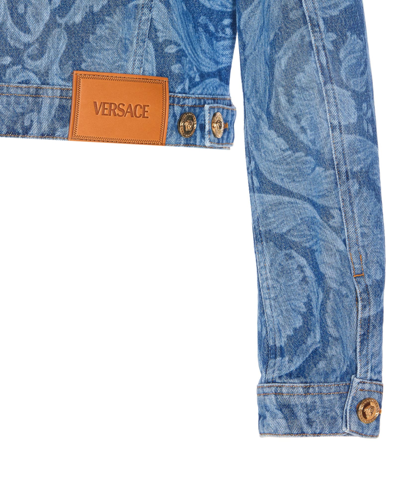 Shop Versace Baroque Print Denim Jacket In Blue