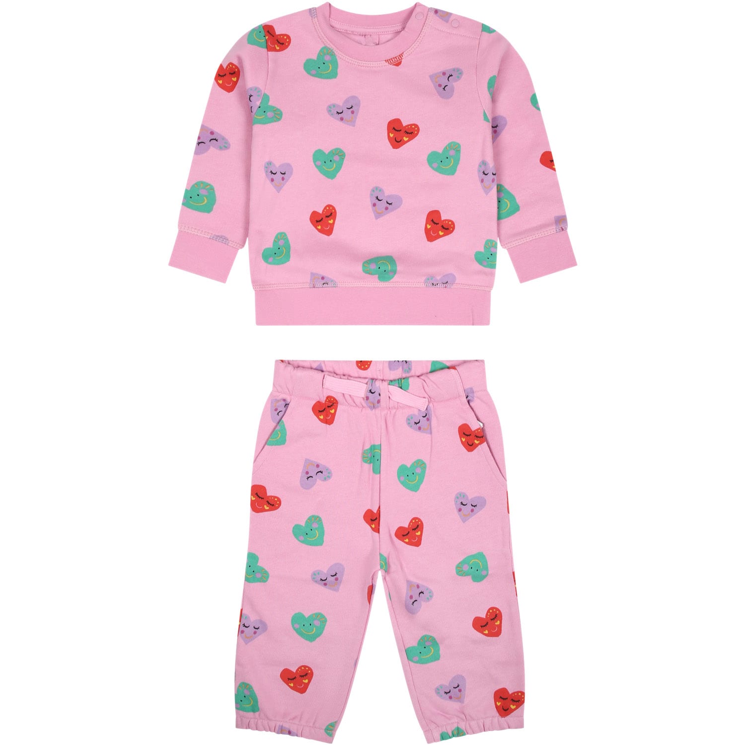 Stella Mccartney Pink Set For Baby Girl With All-over Multicolor Hearts