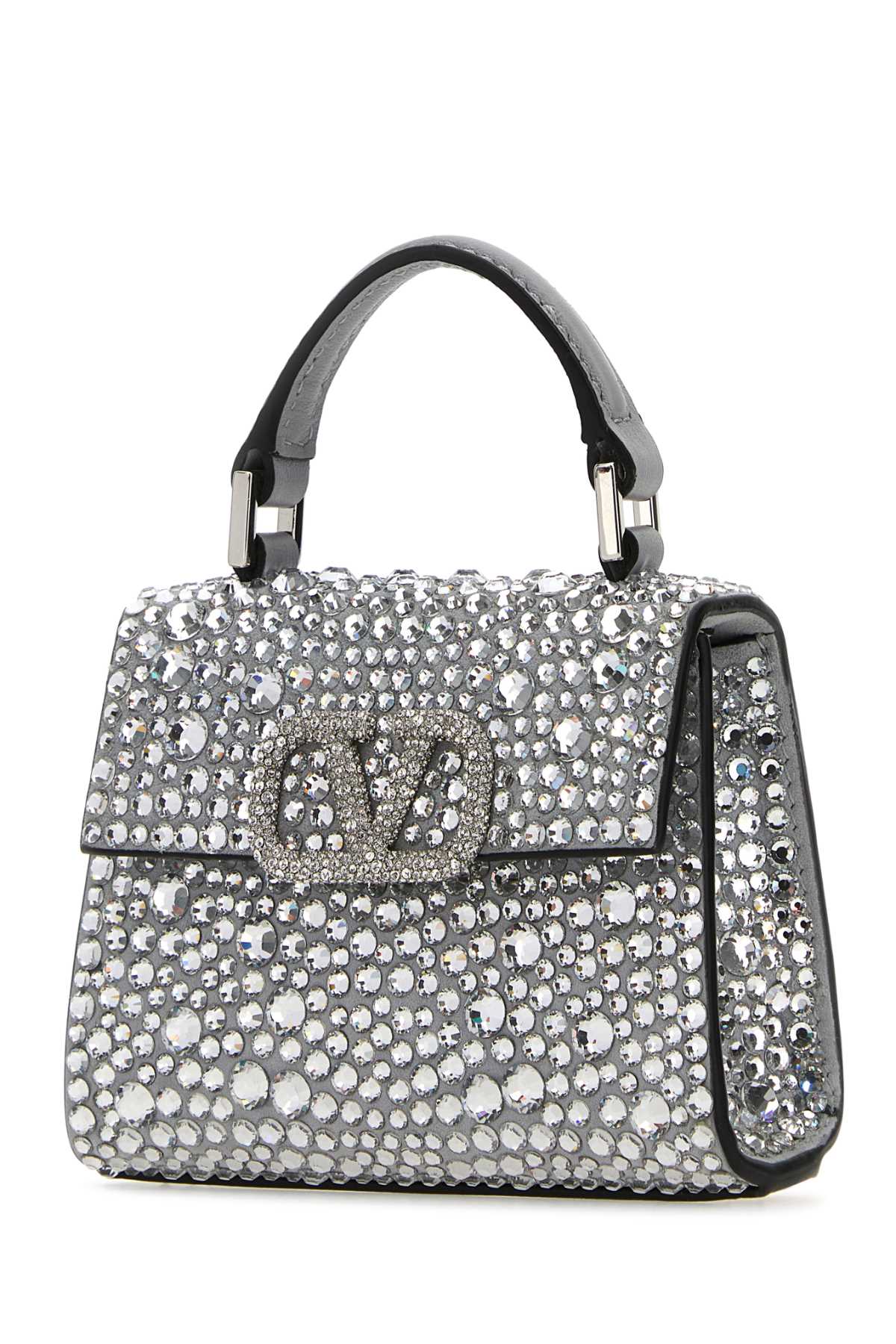 Shop Valentino Embellished Leather Micro Vsling Handbag In Crystalpastelgreycrystal