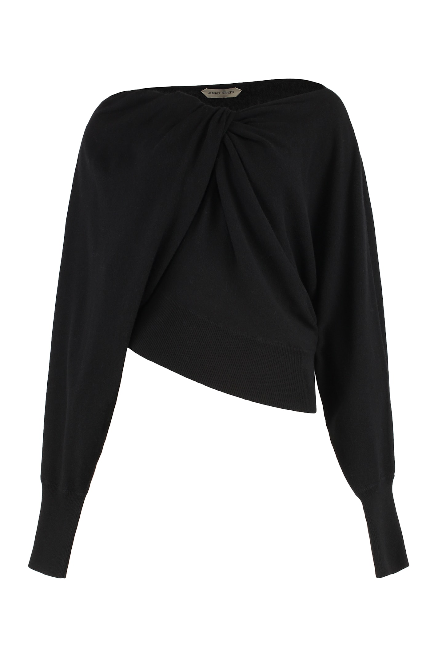 Alberta Ferretti Asymmetrical Top With Draped Satin Neckline And Virgin Wool Body In Black