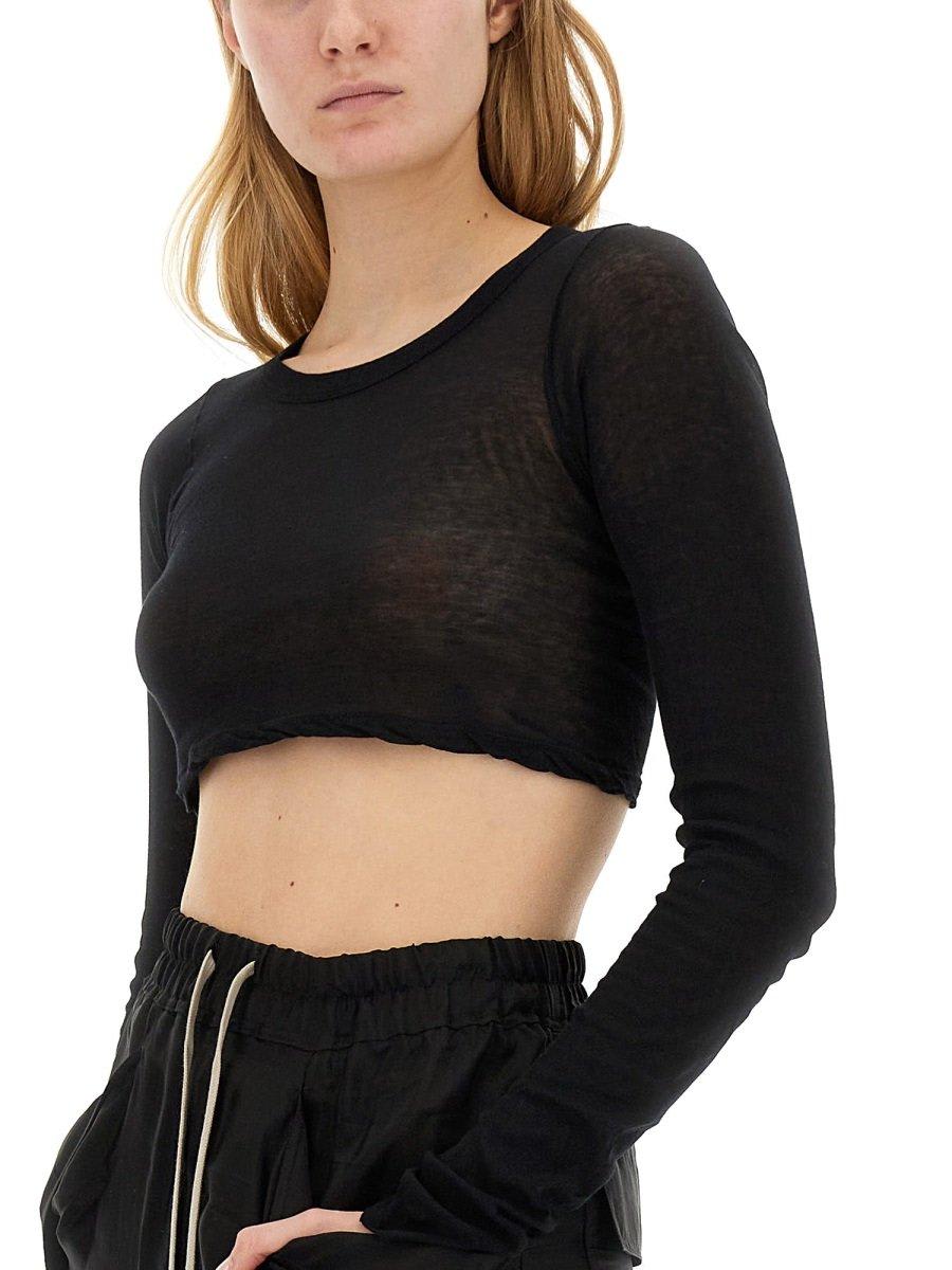 Shop Rick Owens Long Sleeved Cropped Crewneck Top In Nero