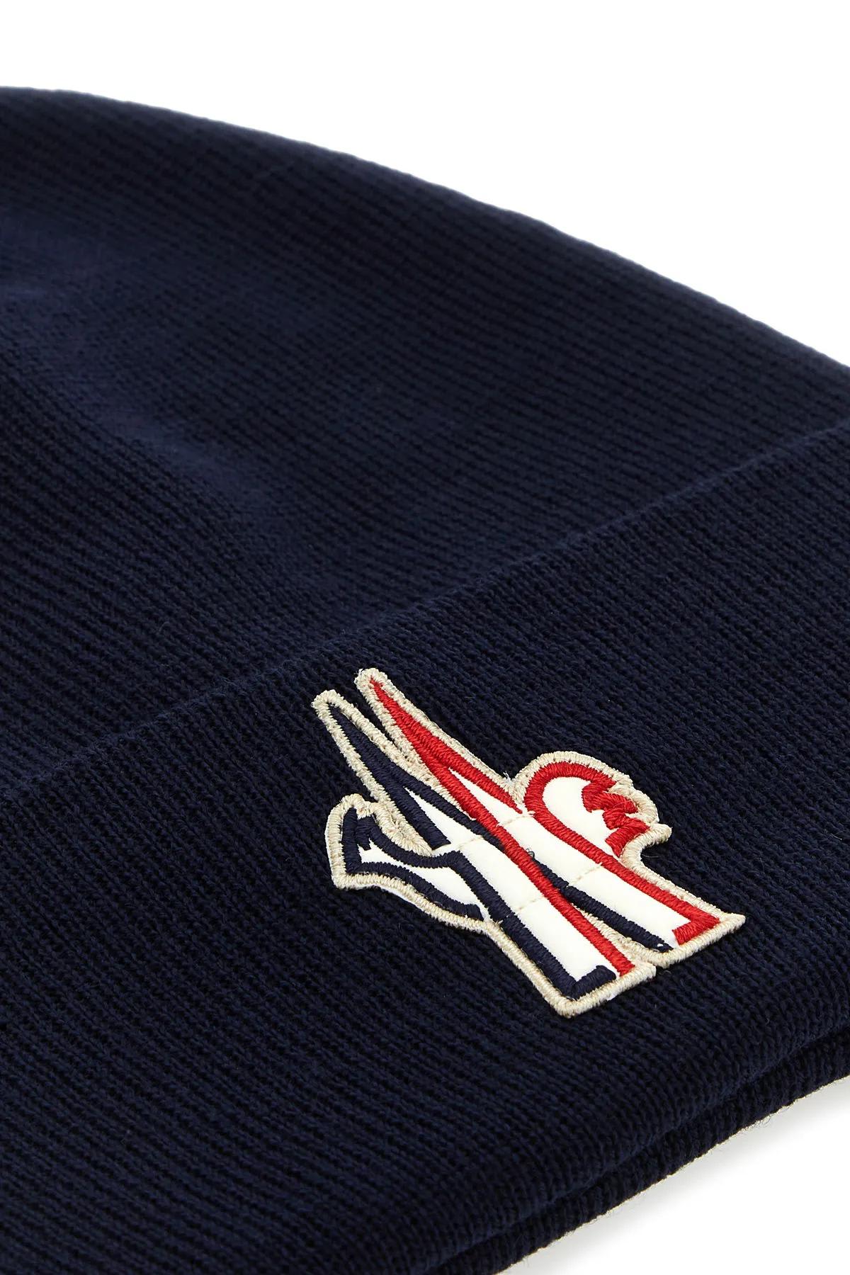 Shop Moncler Navy Blue Wool Beanie Hat