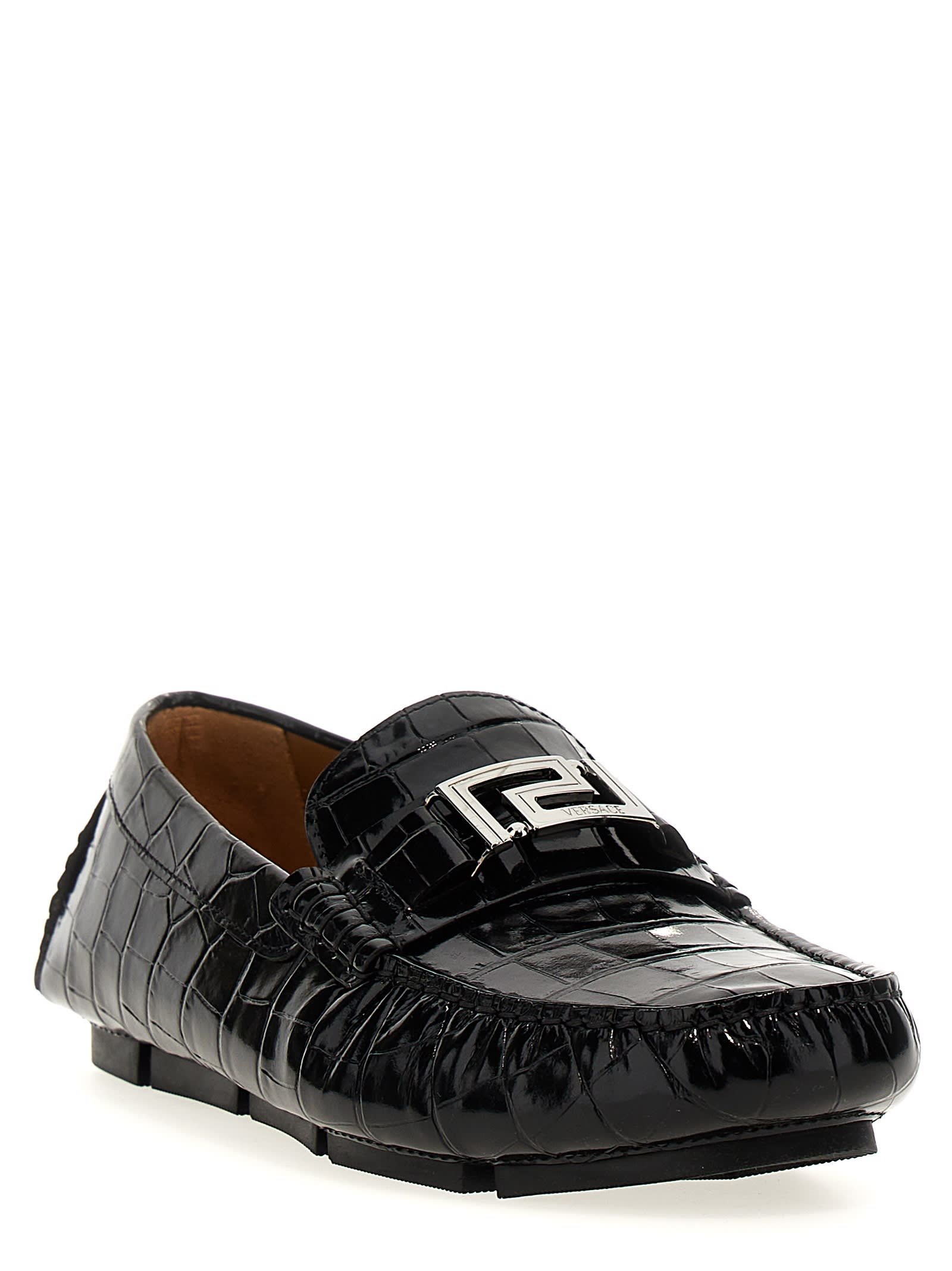 Shop Versace Greca Loafers In Black