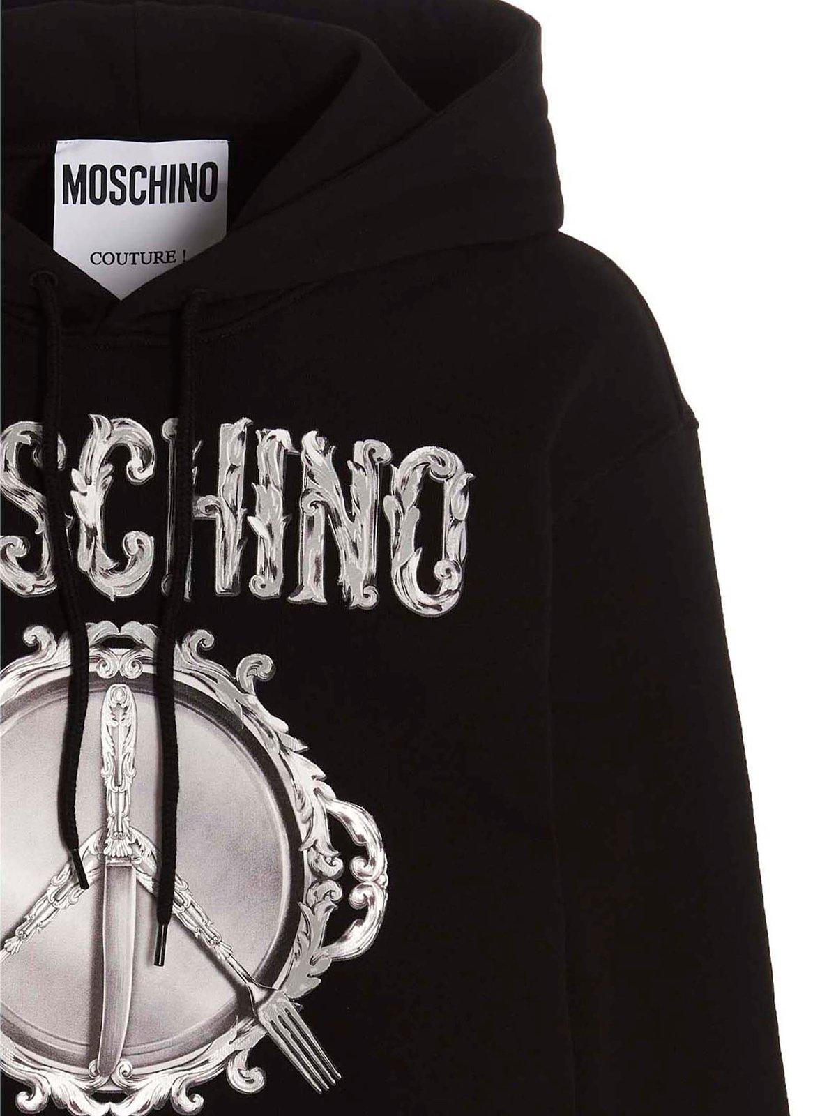 Shop Moschino Logo Printed Drawstring Hoodie  In White/black