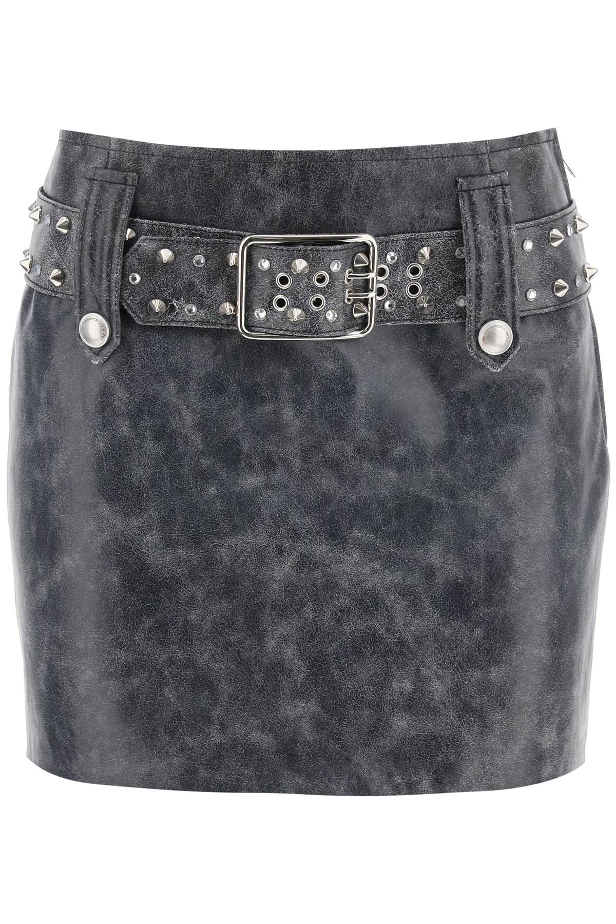 Shop Alessandra Rich Leather Mini Skirt With Belt And Appliques In Dark Grey (grey)