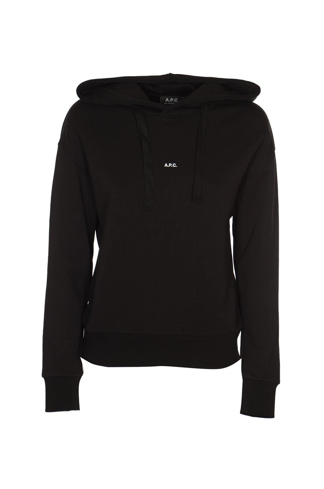 Shop Apc Logo Detailed Drawstring Hoodie In Lzz Noir