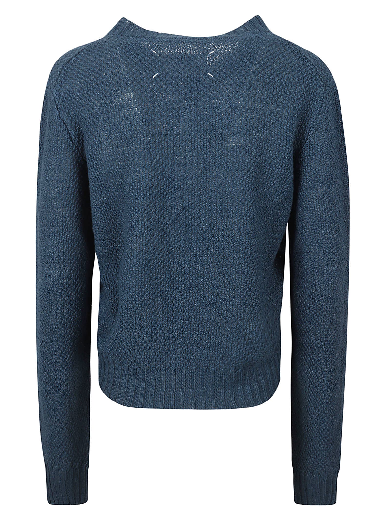 Shop Maison Margiela Logo Embroidered V-neck Woven Sweater In Blue