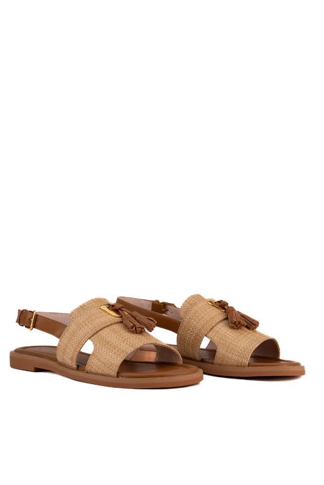 Shop Coccinelle Raffia Sandal With Brown Tassels In Natural/cuir