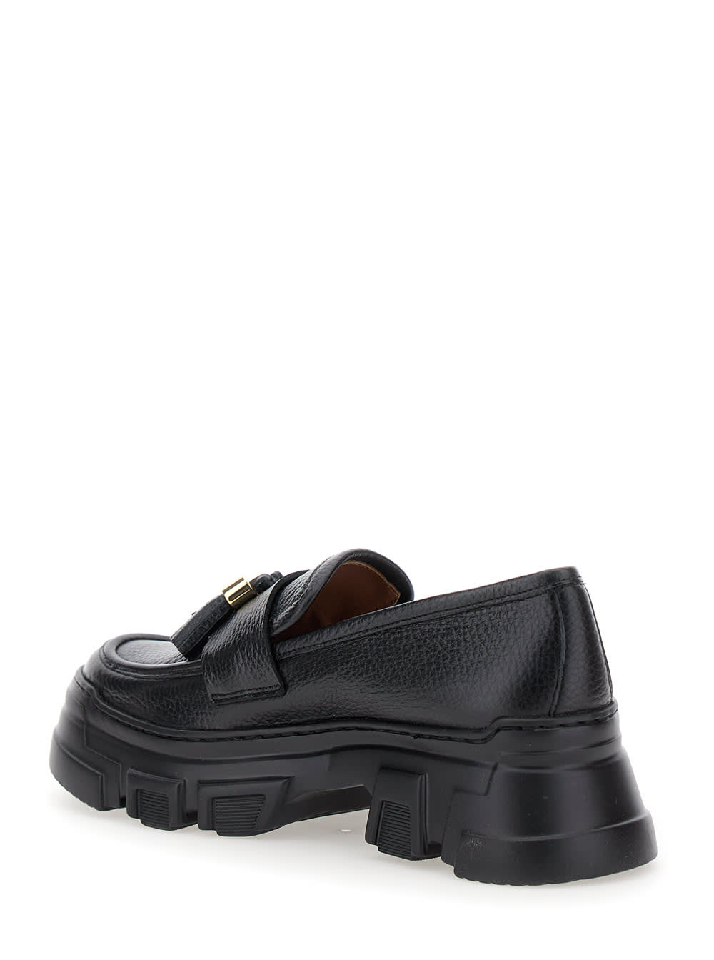 Shop Pollini Black Loafers With Tassel And Platform In Hammered Leather Woman