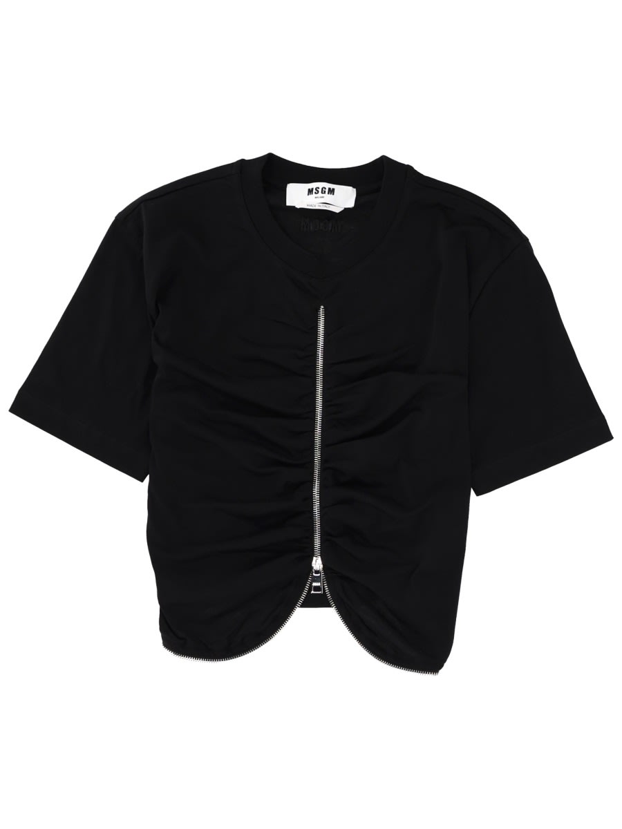 Msgm Short Sleeve Top Featuring Ruched Detail In Black
