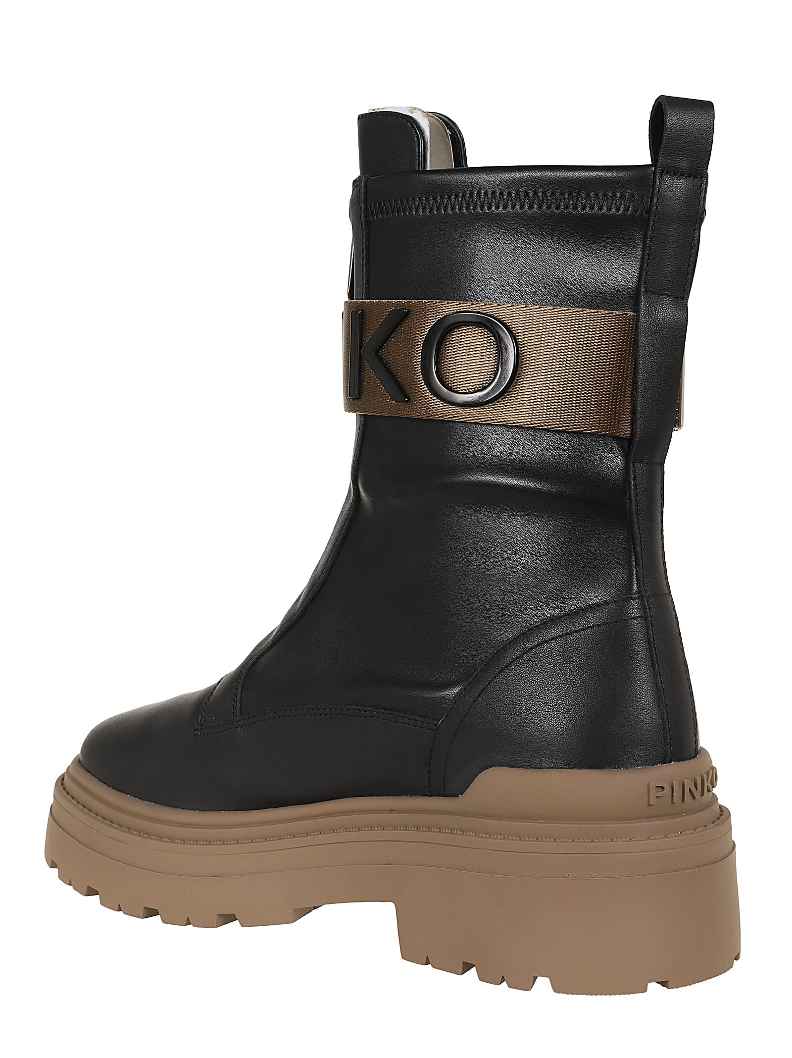 Pinko Stretch Leather Biker Lace-up With Gold Buckle In Black