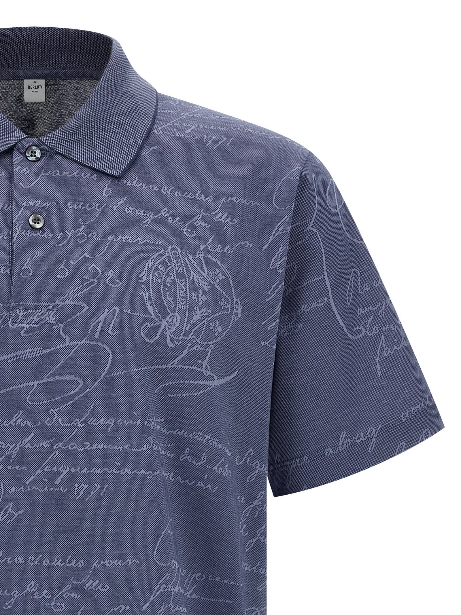 Berluti Printed Polo Shirt With Collar And Slits In Blue