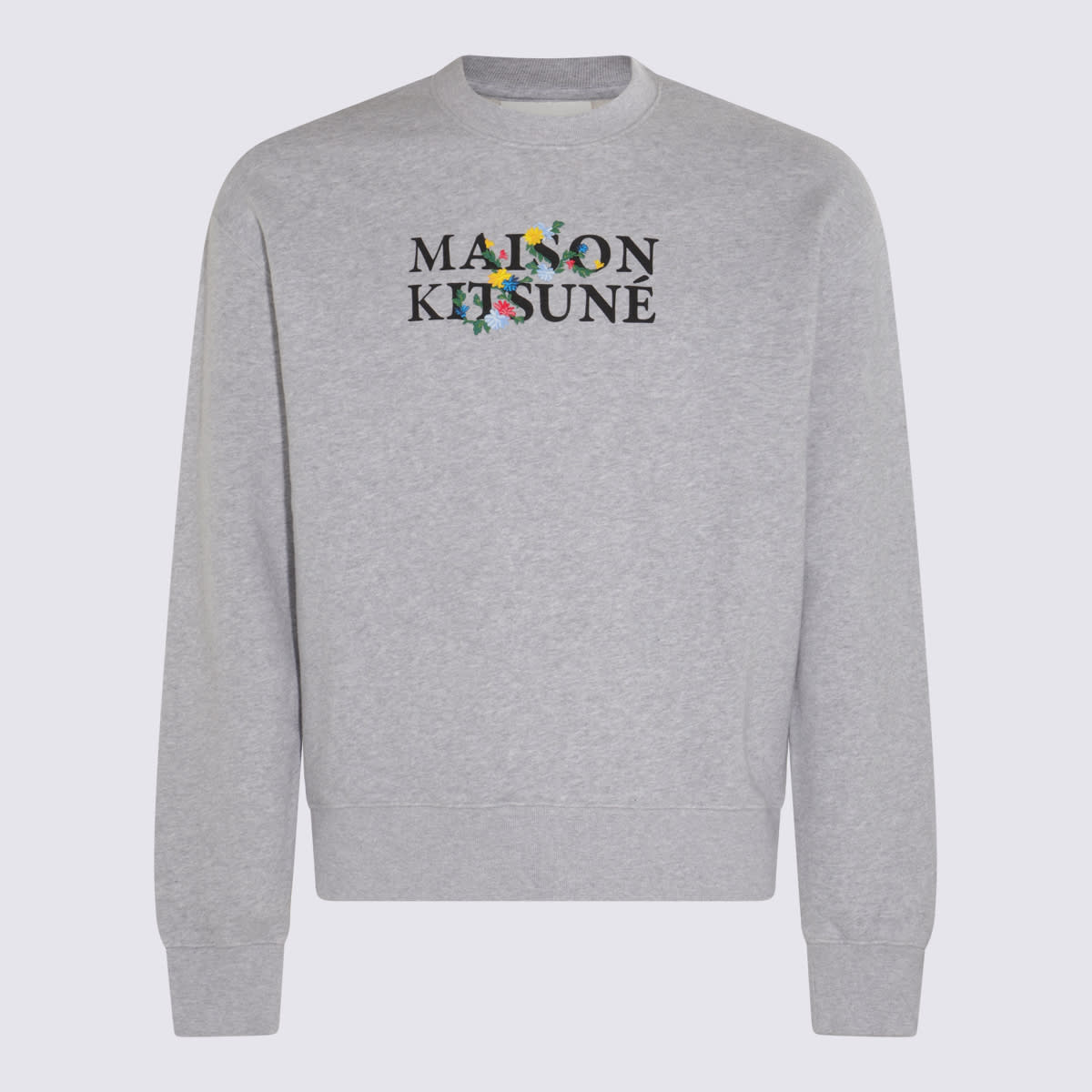 Shop Maison Kitsuné Light Grey Melange Flower Lettering Sweatshirt