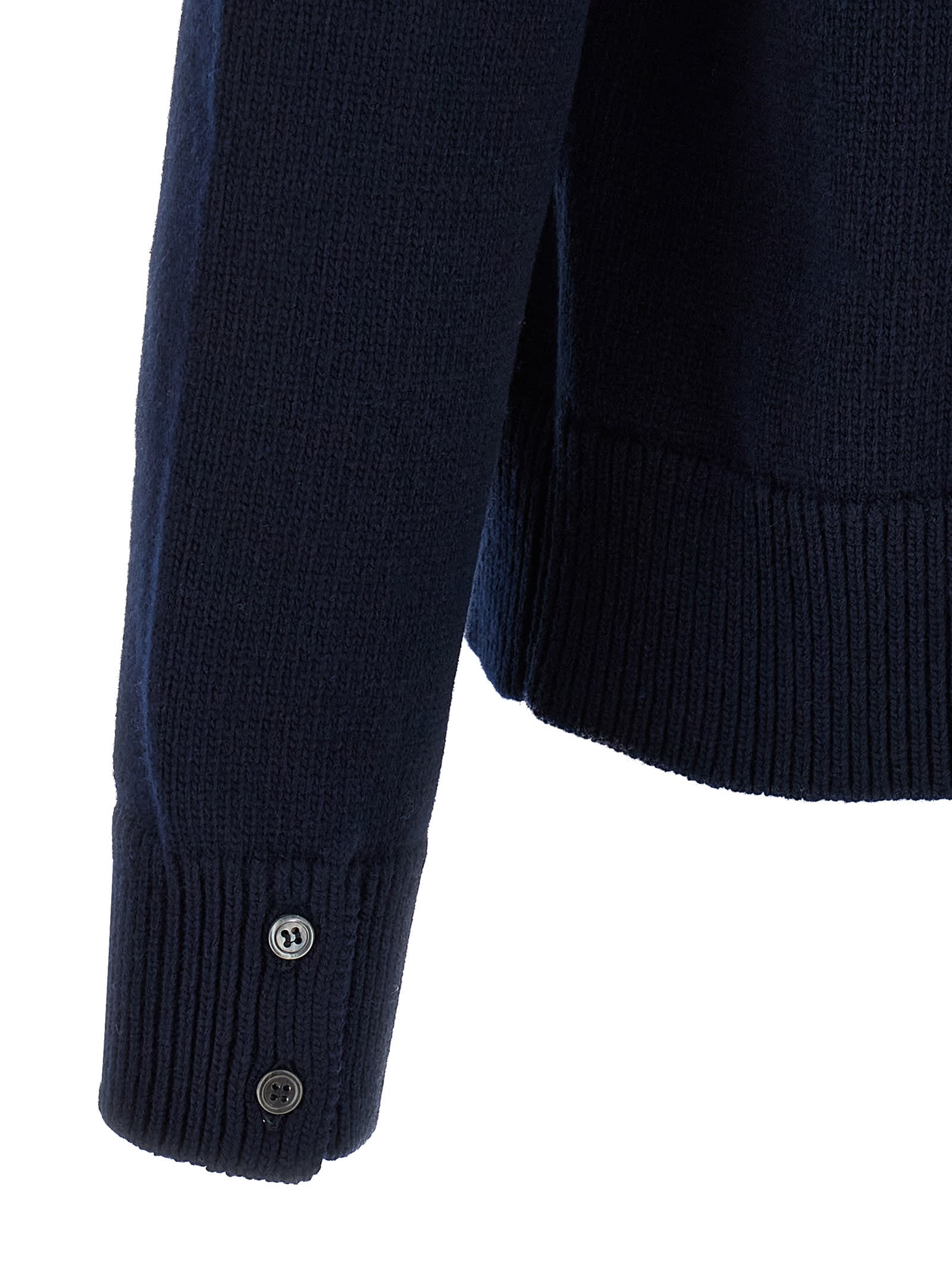 Thom Browne Jersey Stitch Funnel Neck Half Zip Pullover In Merino Wool With 4 Bar Stripe Clothing In Blue