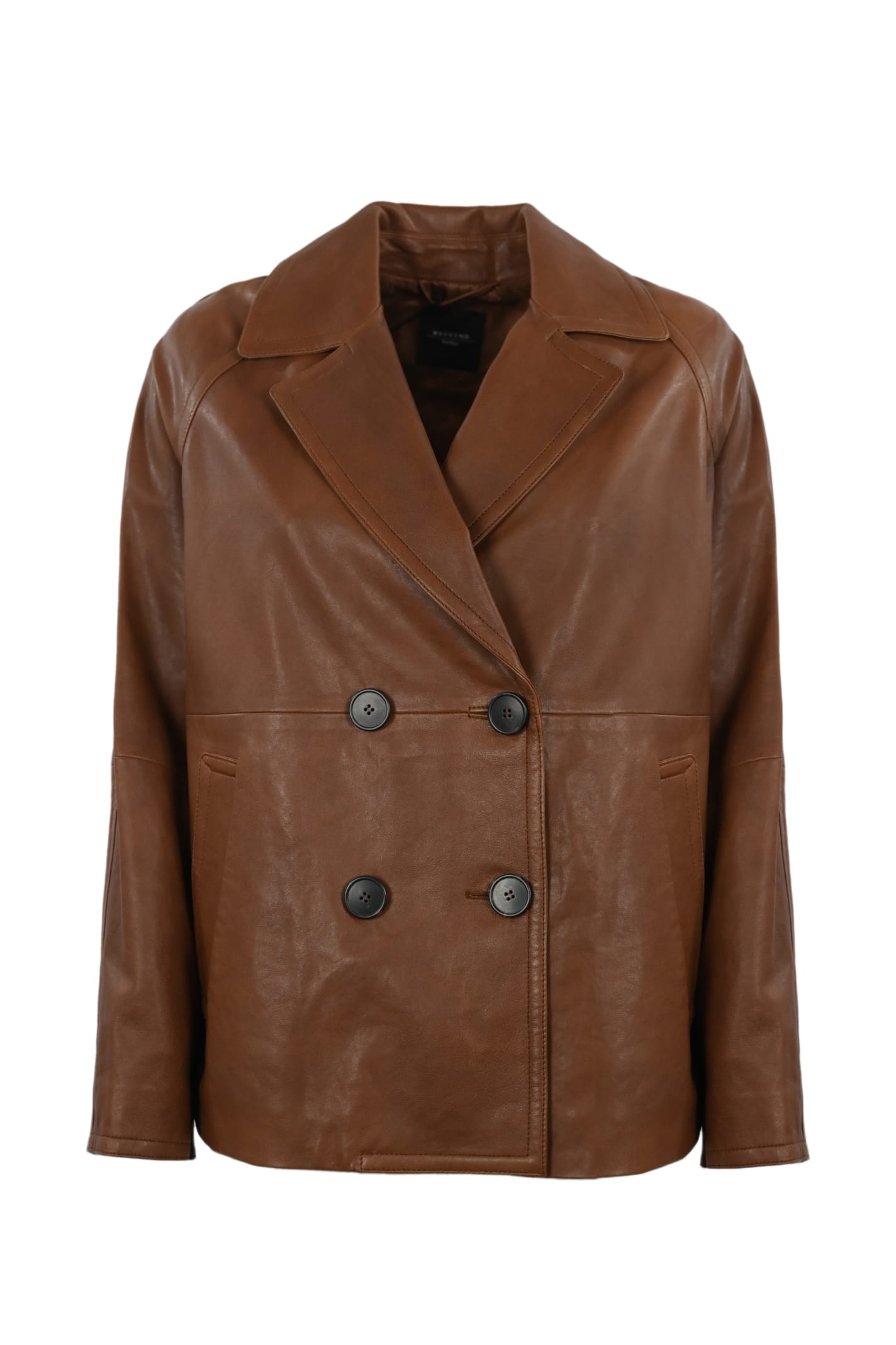 Weekend Max Mara Oria Double-breasted Leather Peacoat In Cuoio