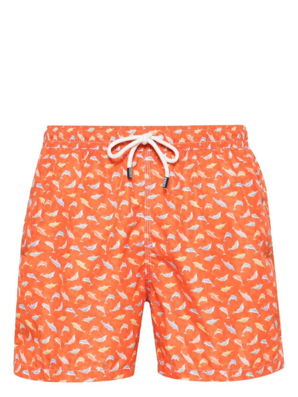 Orange Swim Shorts With Dolphin Pattern