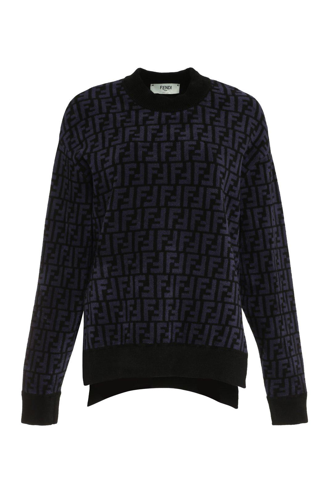 Fendi All-over Logo Crewneck Sweater In Blu