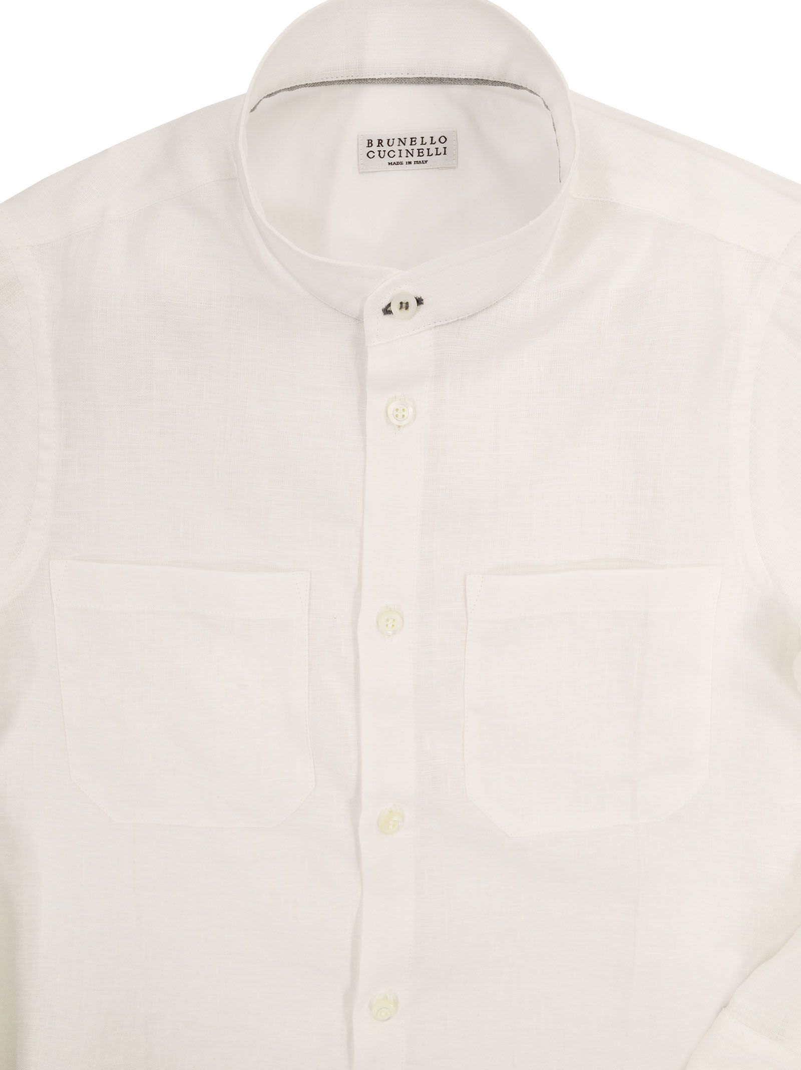 Shop Brunello Cucinelli Linen Shirt With Mandarin Collar And Pockets In White