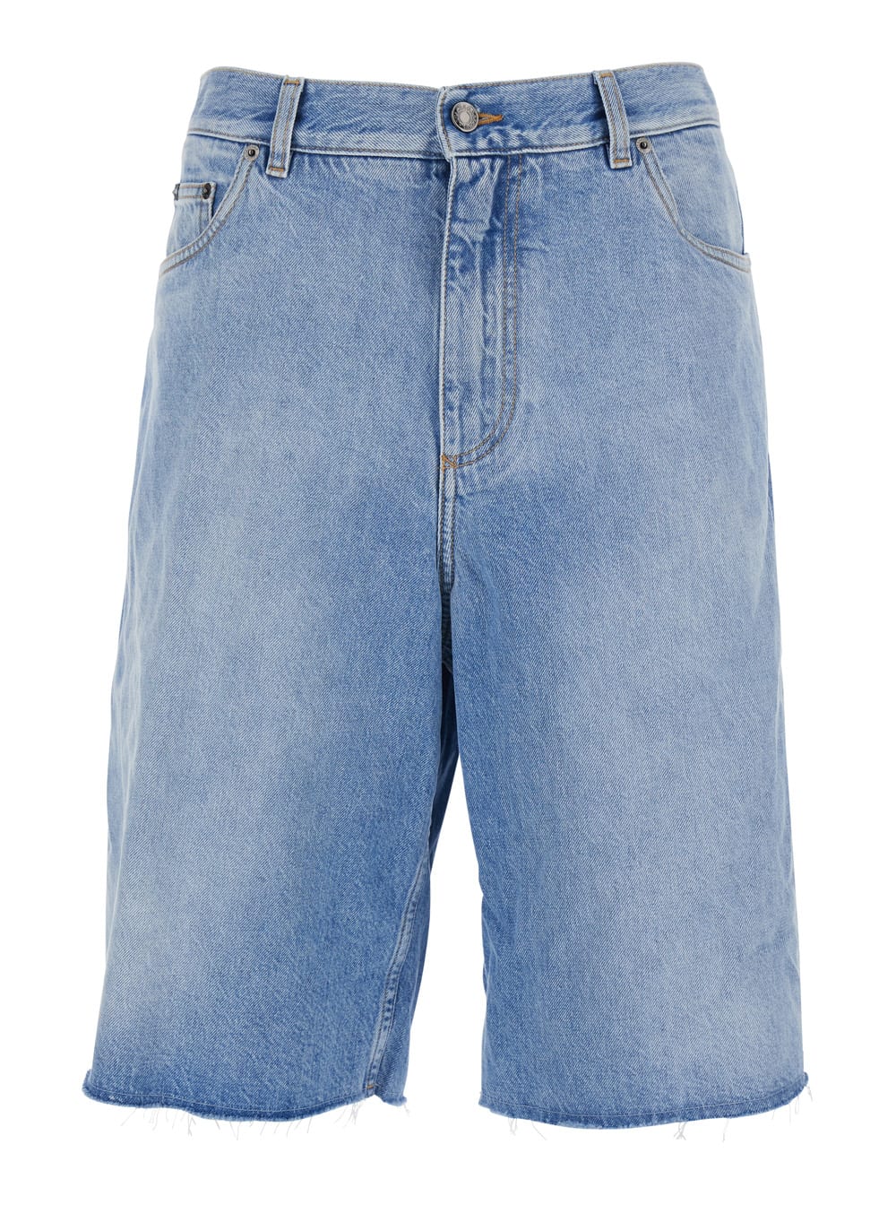 Dolce & Gabbana Blue Five-pocket Bermuda Shorts With Logo Patch On The Back In Denim Man