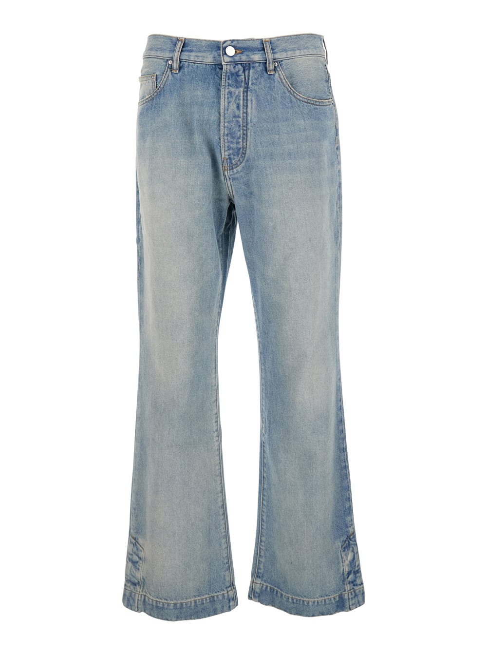 Light Blue Jeans With Flared Leg And Logo Patch On The Rear In Denim Man