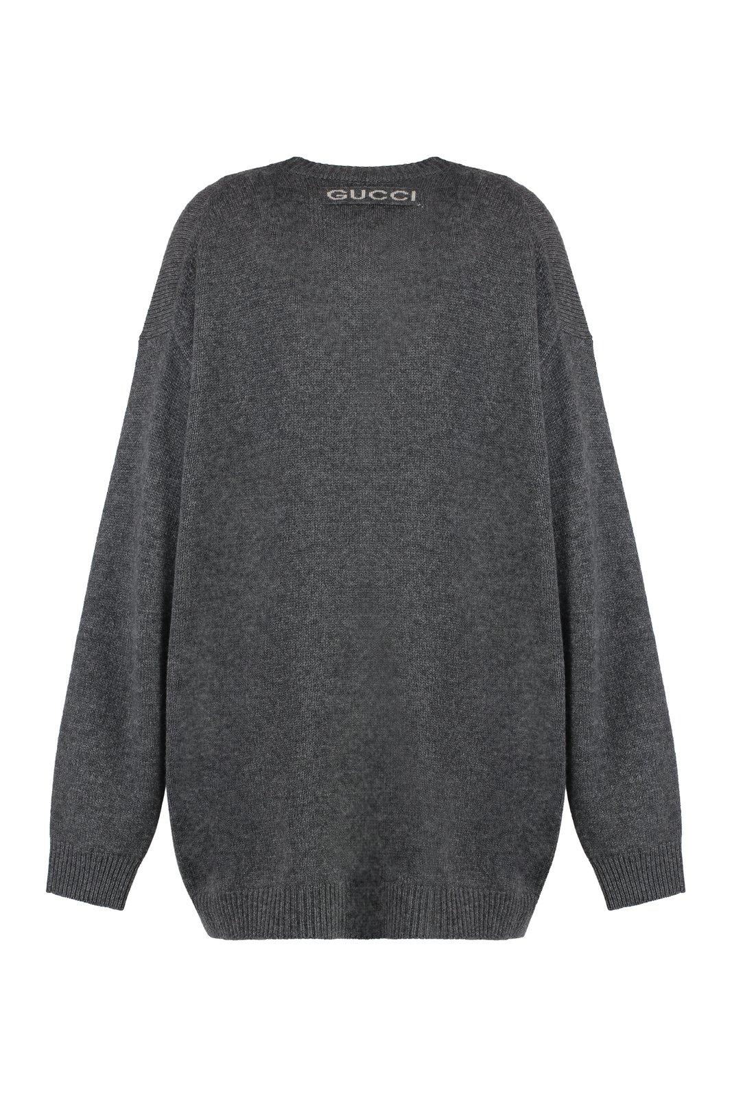 Shop Gucci Drop Shoulder Fine Knit Cardigan In Grey
