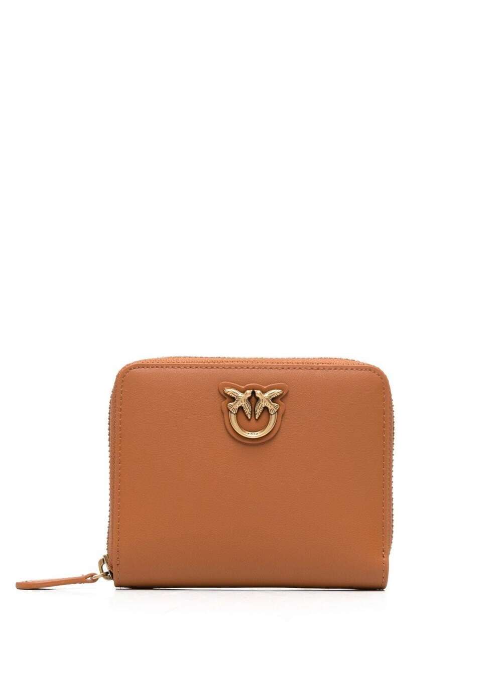 Borwn Zip Around Wallet In Leather With Logo Plate Pinko Woman