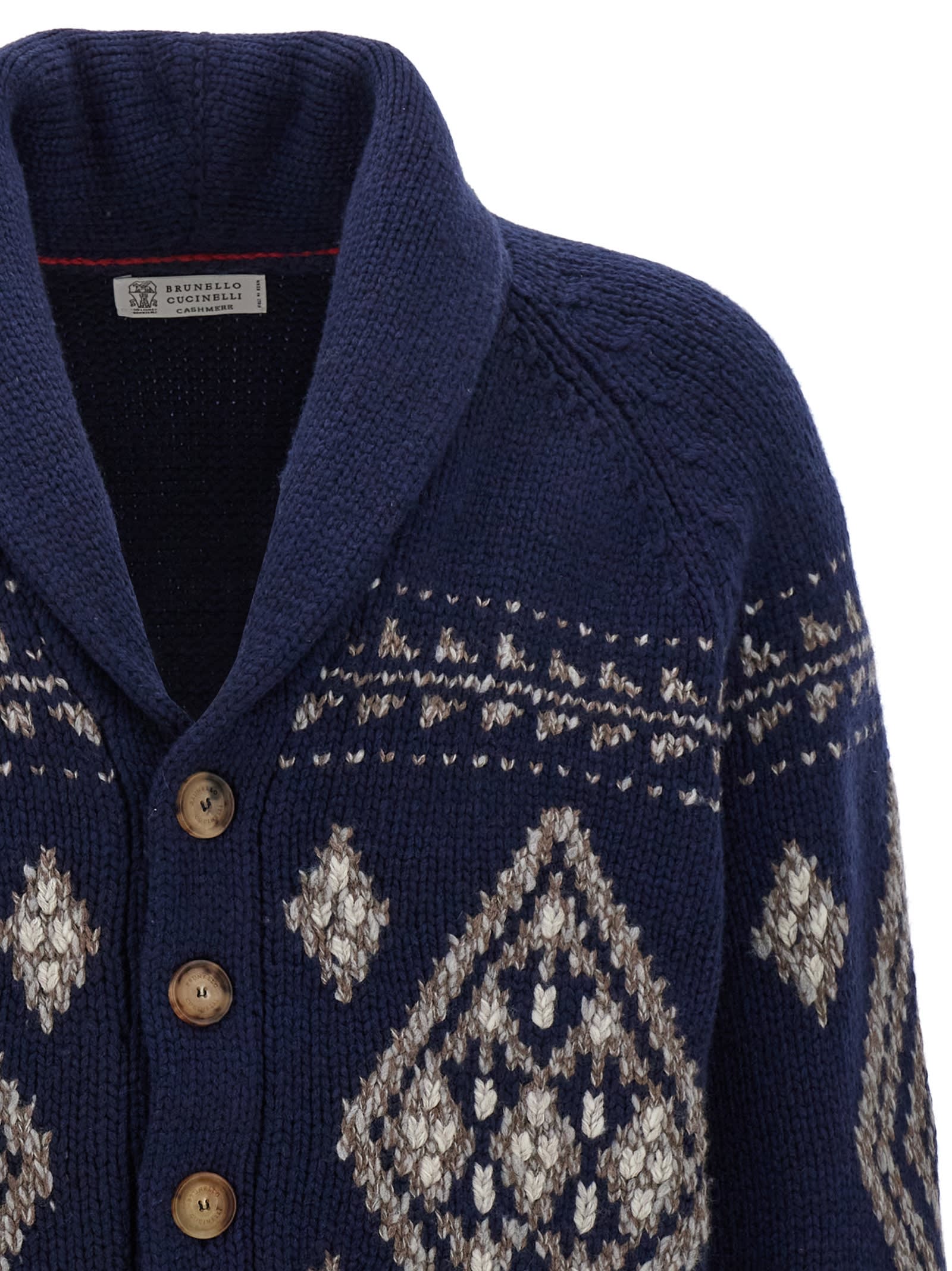 Shop Brunello Cucinelli Jacquard Cashmere Cardigan In Blue