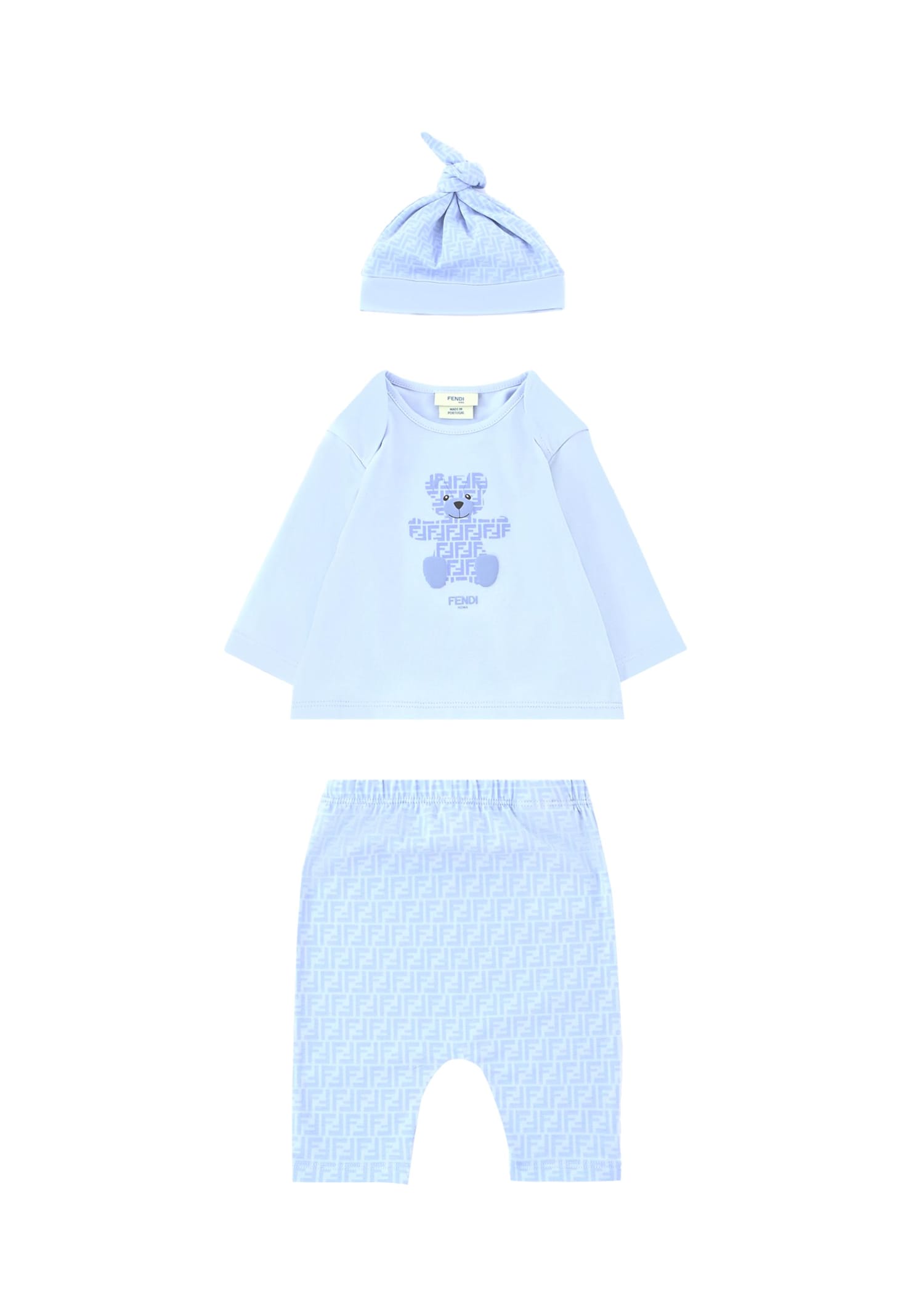 Fendi Light Blue Birth Set For Baby Boy With Teddy Bear In Blue
