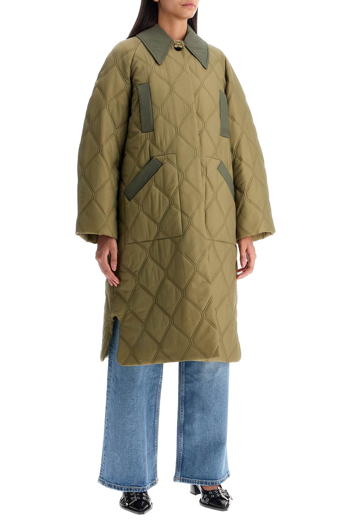 Shop Ganni Long Quilted Padded Coat In Kalamata (khaki)