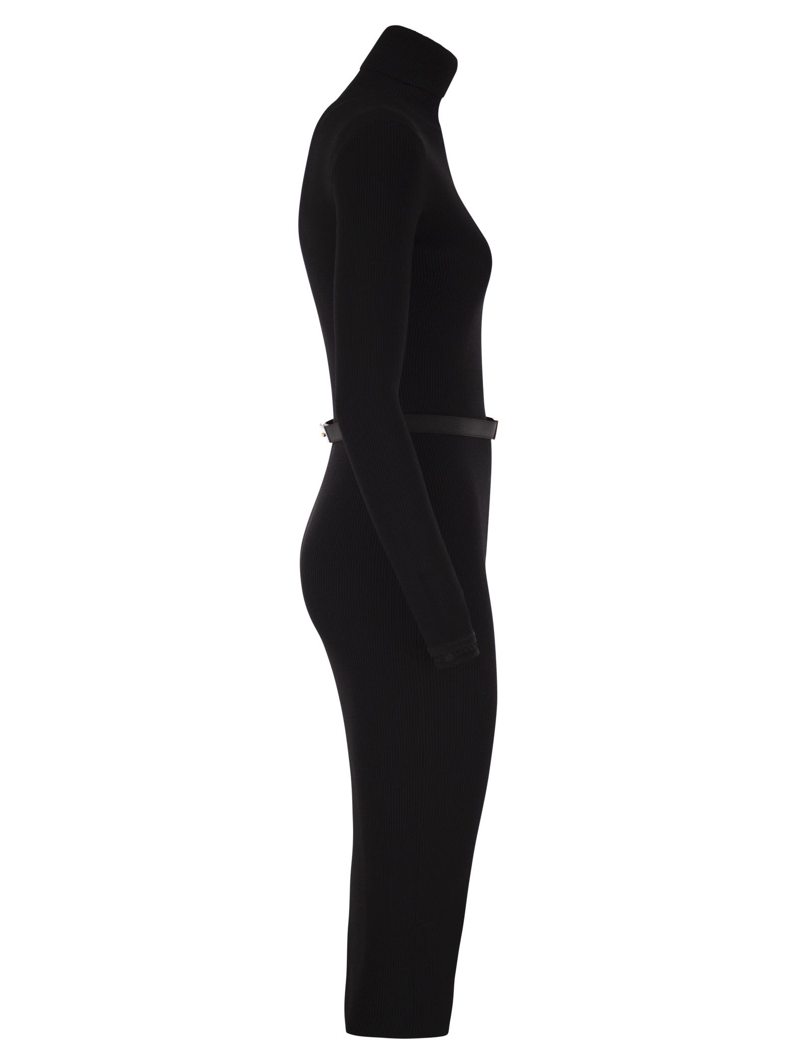 Elisabetta Franchi Dress In Ribbed Knit Fabric With Belt In Black