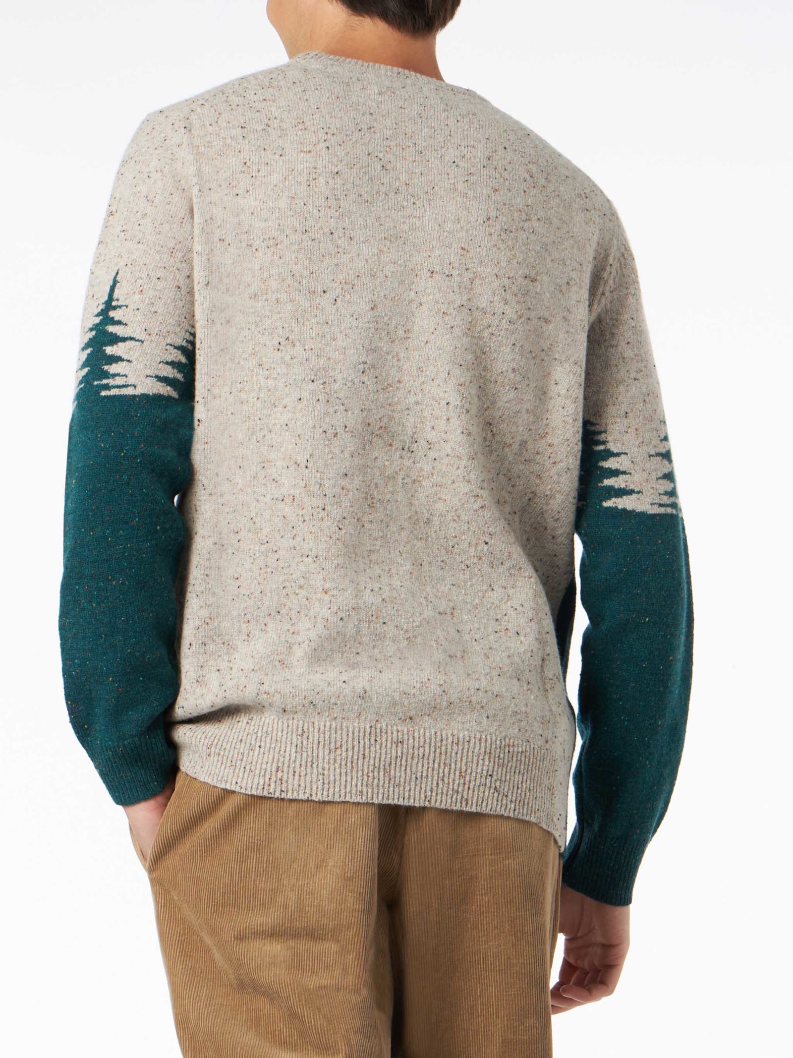 Mc2 Saint Barth Man Crewneck Donegal Sweater With St. Moritz Postcard Jacquard Print In Green
