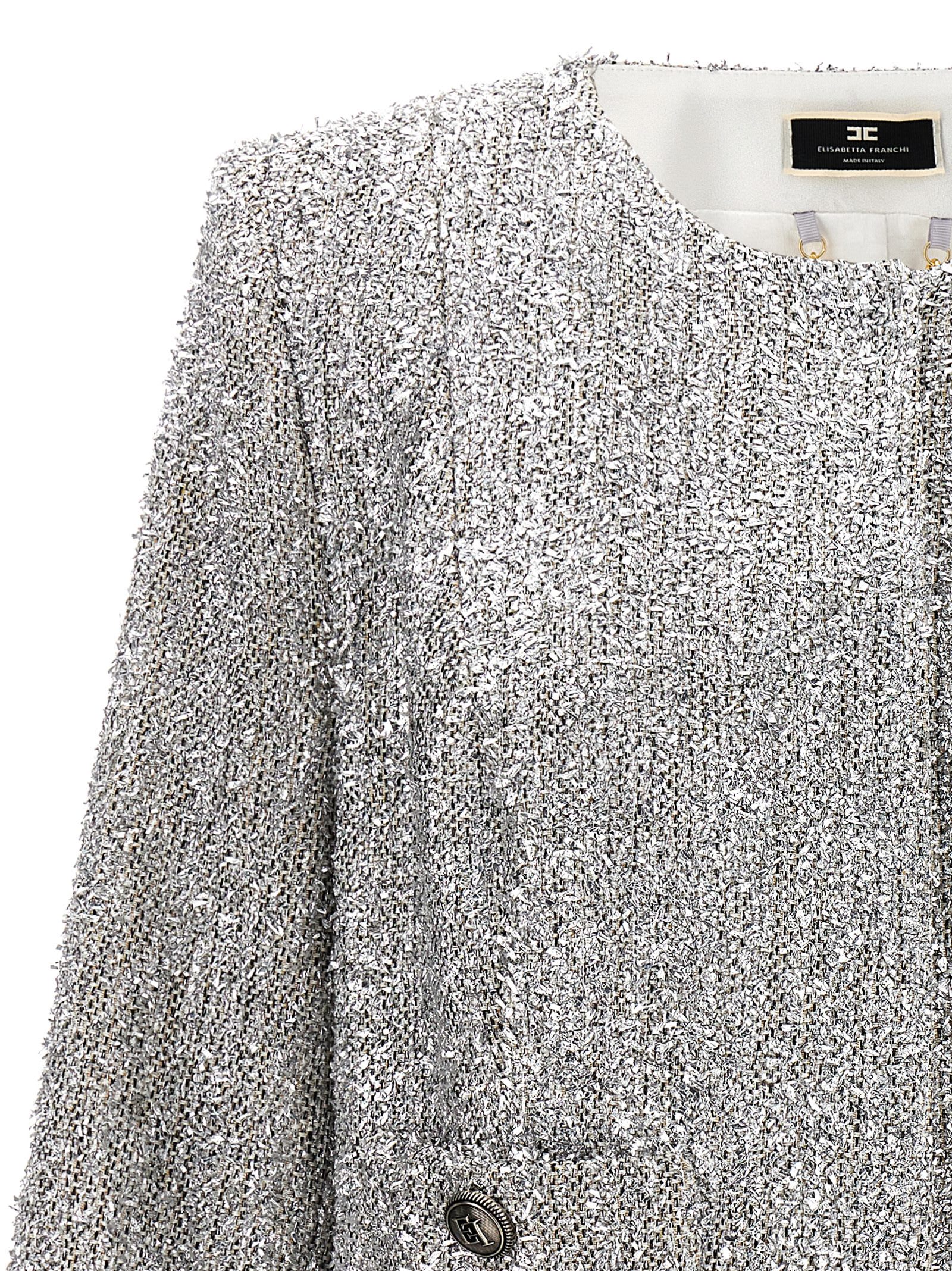 Shop Elisabetta Franchi Lurex Tweed Crop Jacket In Silver