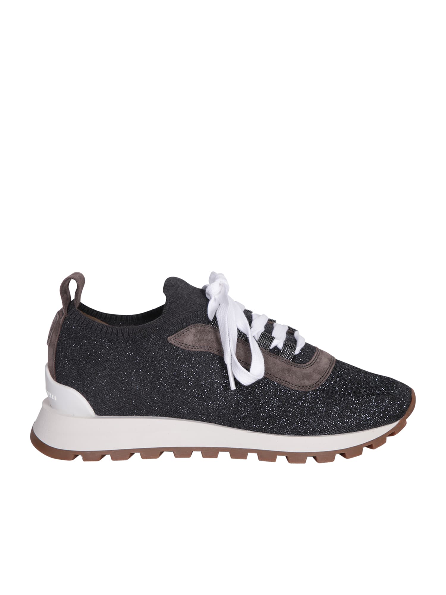 Shop Brunello Cucinelli Sparkling Cotton Knit Runners With Shiny Eyelets In Grey