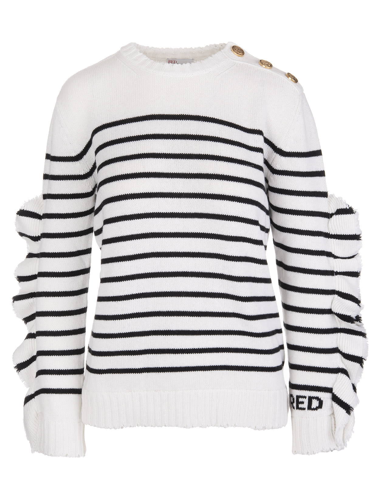 RED Valentino White And Black Striped Wool Blend Sweater With Ruches Detail