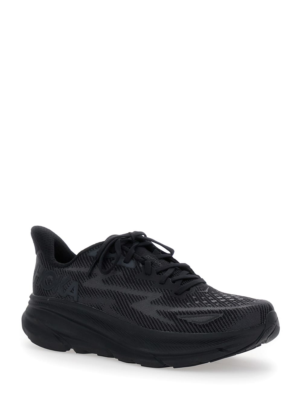 clifton 9 Black Sneakers With Zig Zag Embroidery And Side Logo Print In Rubber Unisex